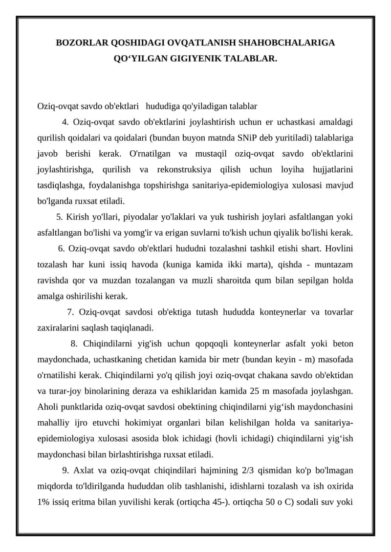 Oziq-ovqat savdo ob'ektlariga qo‘yilgan gigiyenik talablar