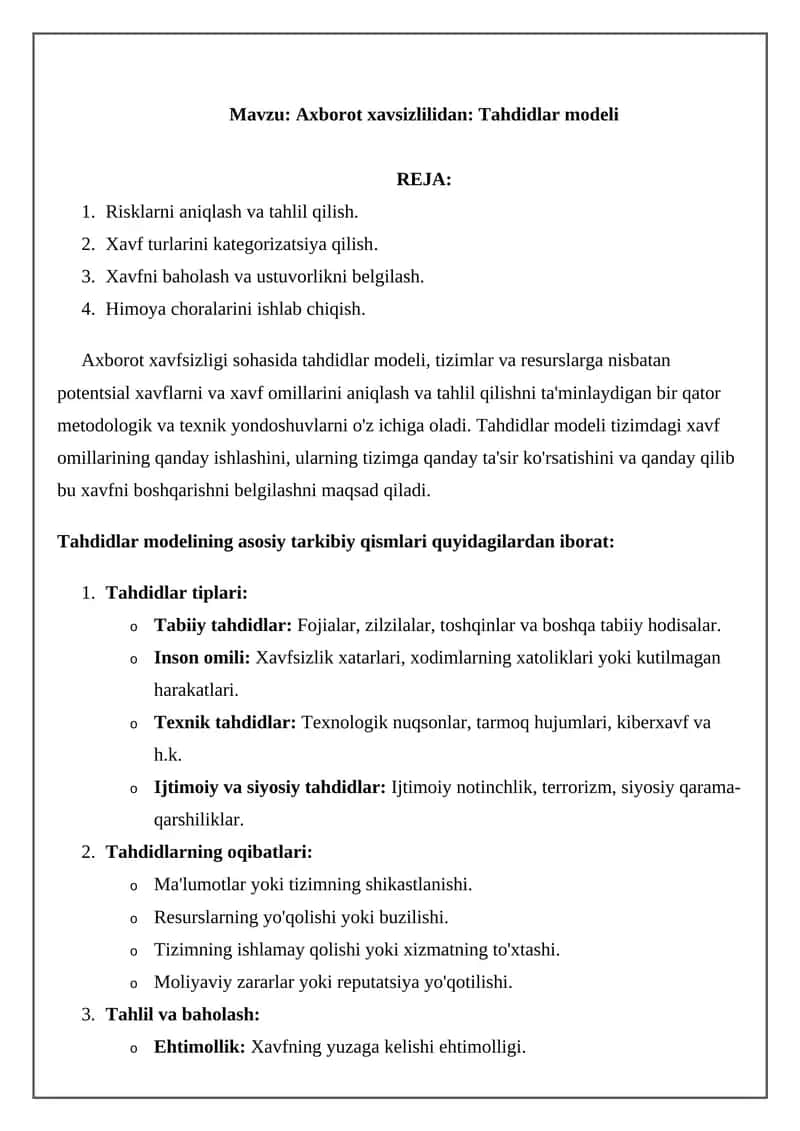 Axborot xavsizlilidan: Tahdidlar modeli