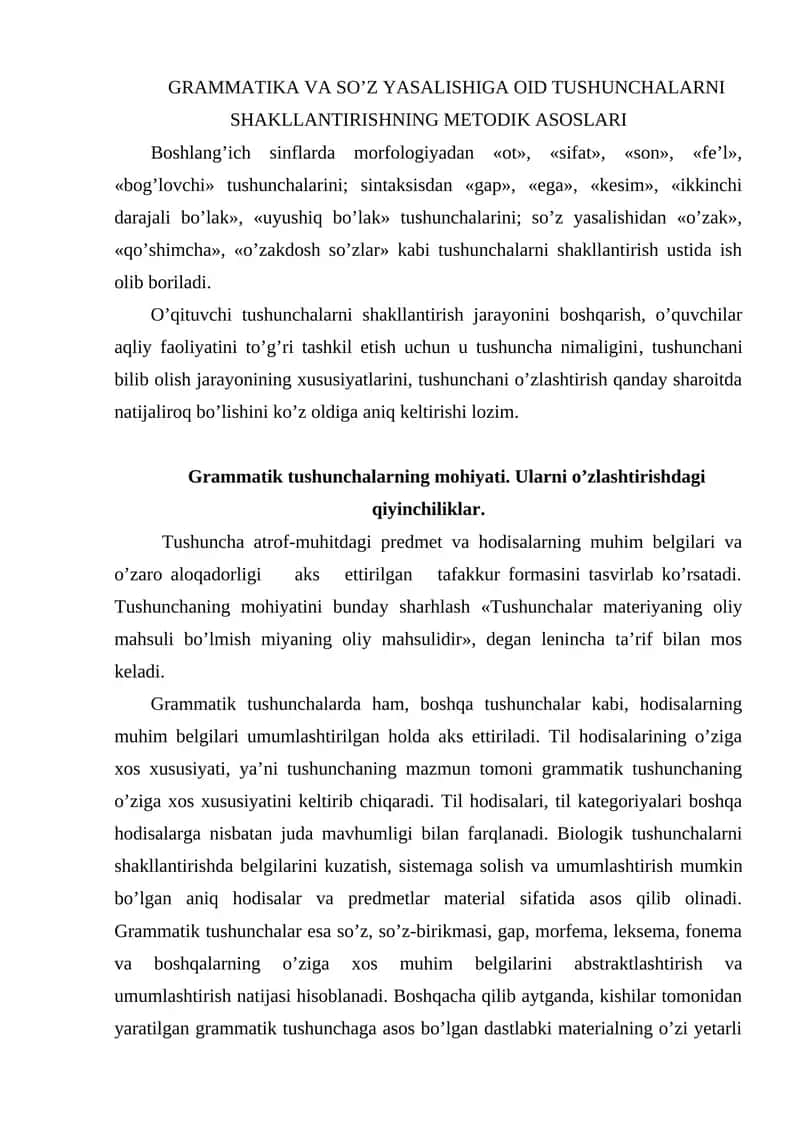 GRAMMATIKA VA SO’Z YASALISHIGA OID TUSHUNCHALARNI SHAKLLANTIRISHNING METODIK ASOSLARI