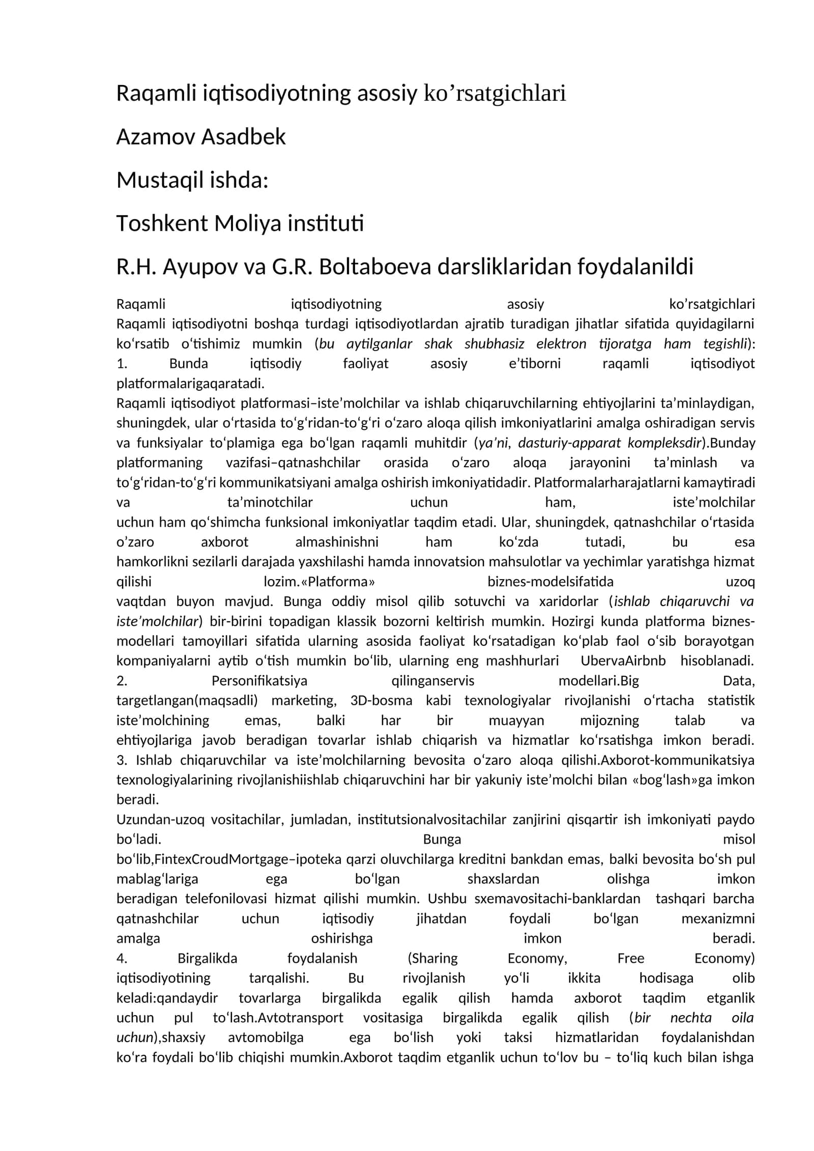 Raqamli iqtisodiyotning asosiy ko’rsatgichlari