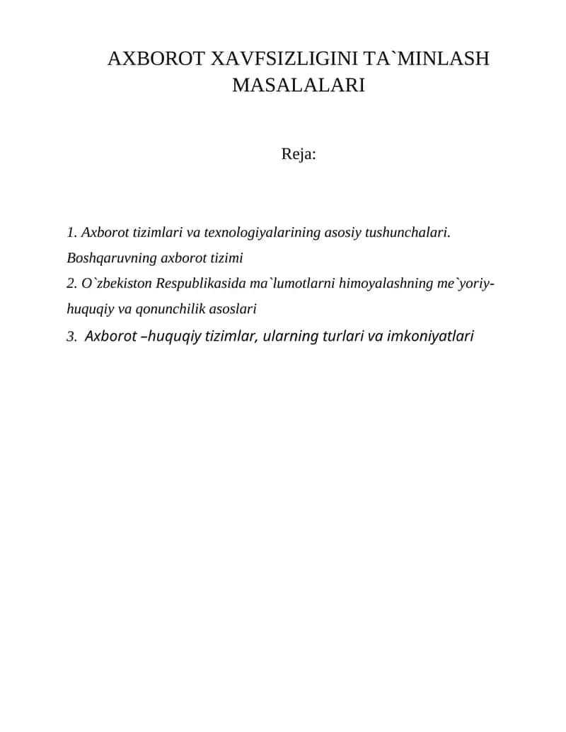 Axborot Xavfsizligini Ta`minlash Masalalari