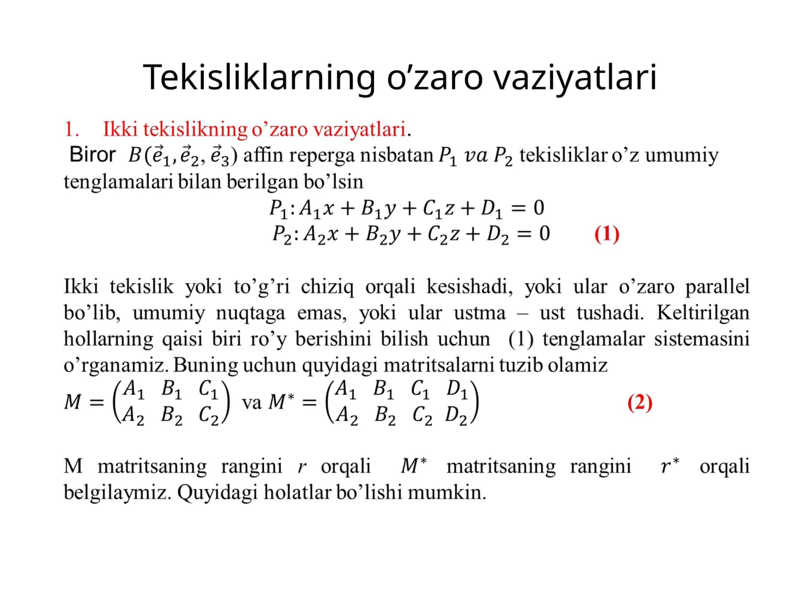 Tekisliklarning o’zarovaziyatlari
