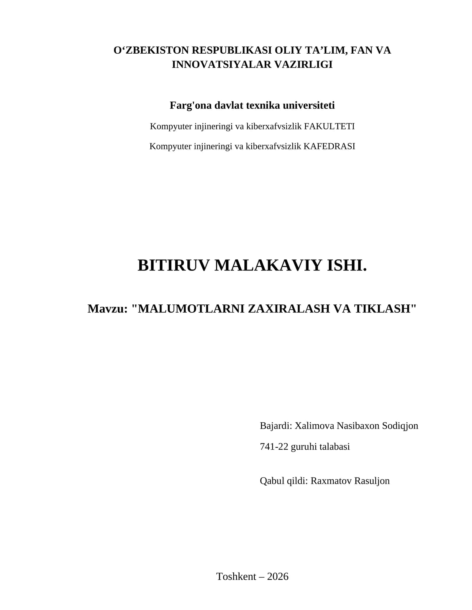 Malumotlarni zaxiralash va tiklash