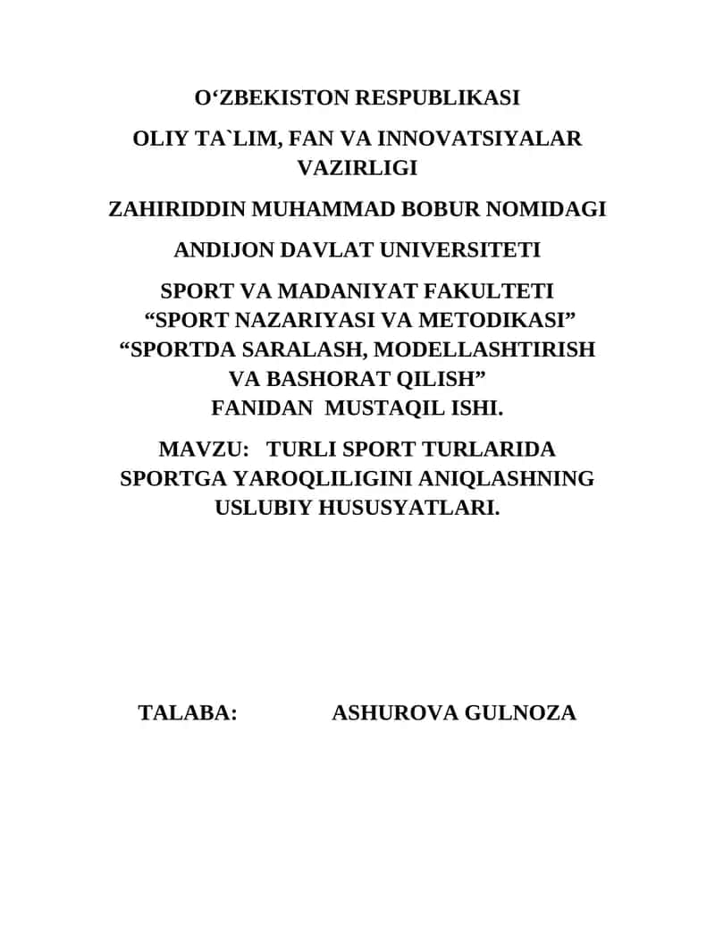 SPORTDA SARALASH, MODELLASHTIRISH VA BASHORAT QILISH