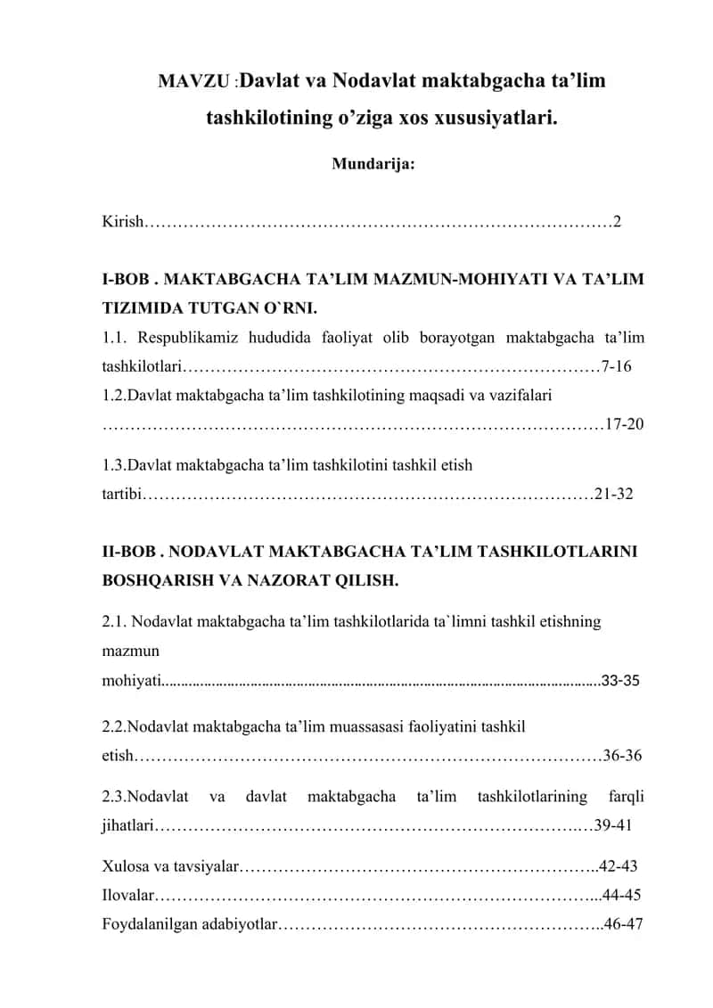 Davlat va Nodavlat maktabgacha ta’lim tashkilotining o’ziga xos xususiyatlar