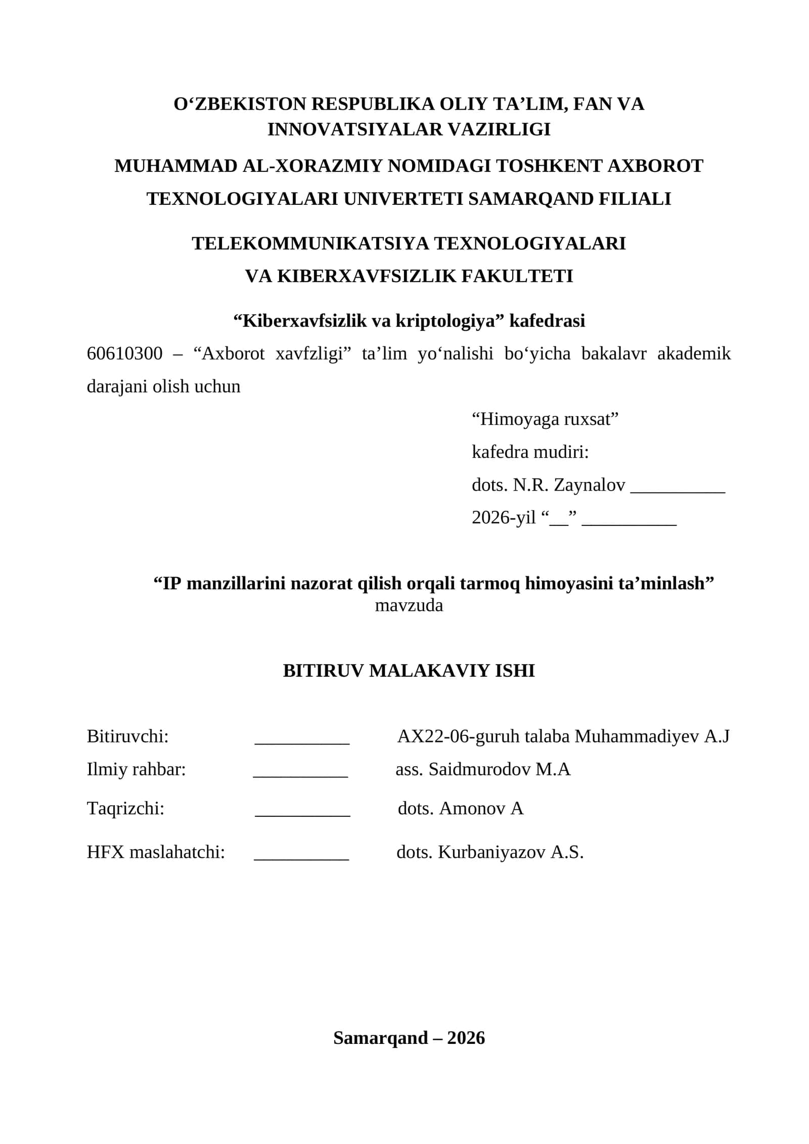 IP manzillarini nazorat qilish orqali tarmoq himoyasini ta’minlash
