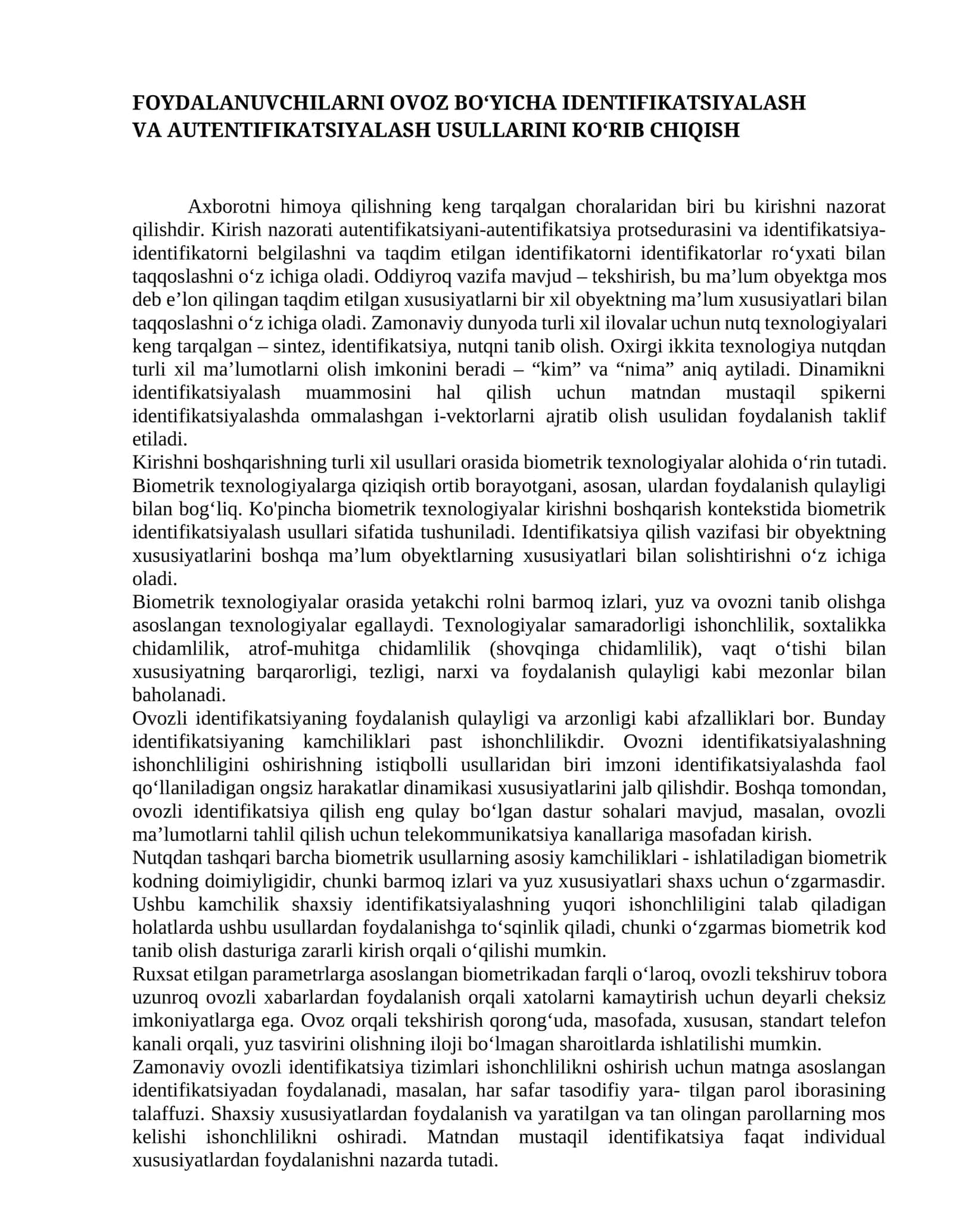 FOYDALANUVCHILARNI OVOZ BO‘YICHA IDENTIFIKATSIYALASH VA AUTENTIFIKATSIYALASH USULLARINI KO‘RIB CHIQISH