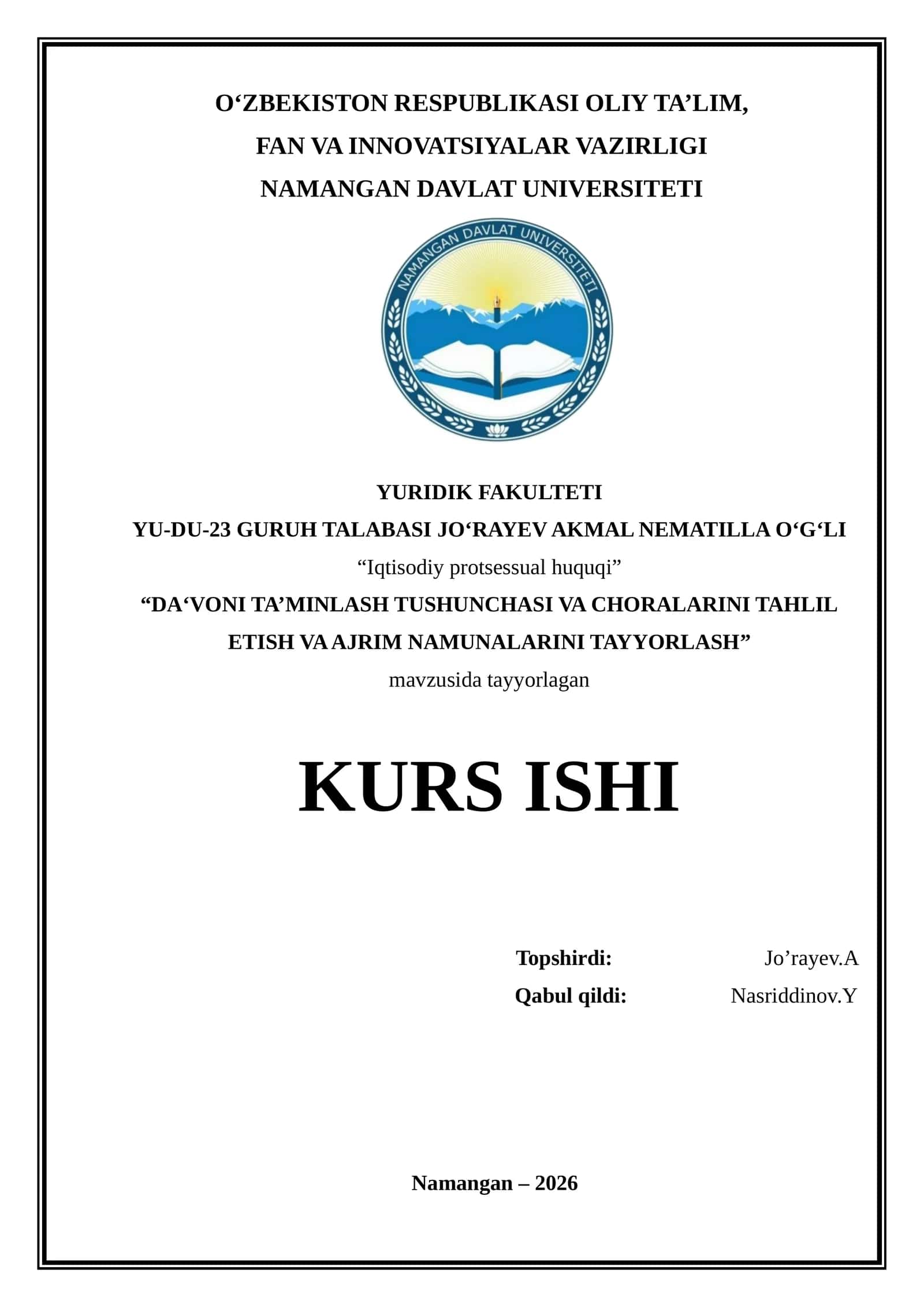 DA’VONI TA’MINLASH TUSHUNCHASI VA CHORALARINI TAHLIL ETISH VA AJRIM NAMUNALARINI TAYYORLASH