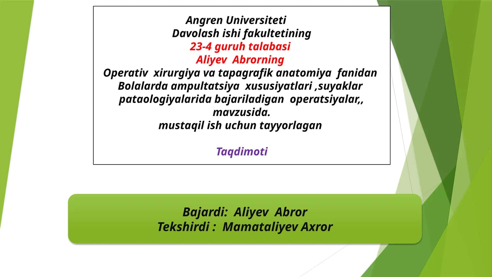 Angren Universiteti Davolashishi fakulteti