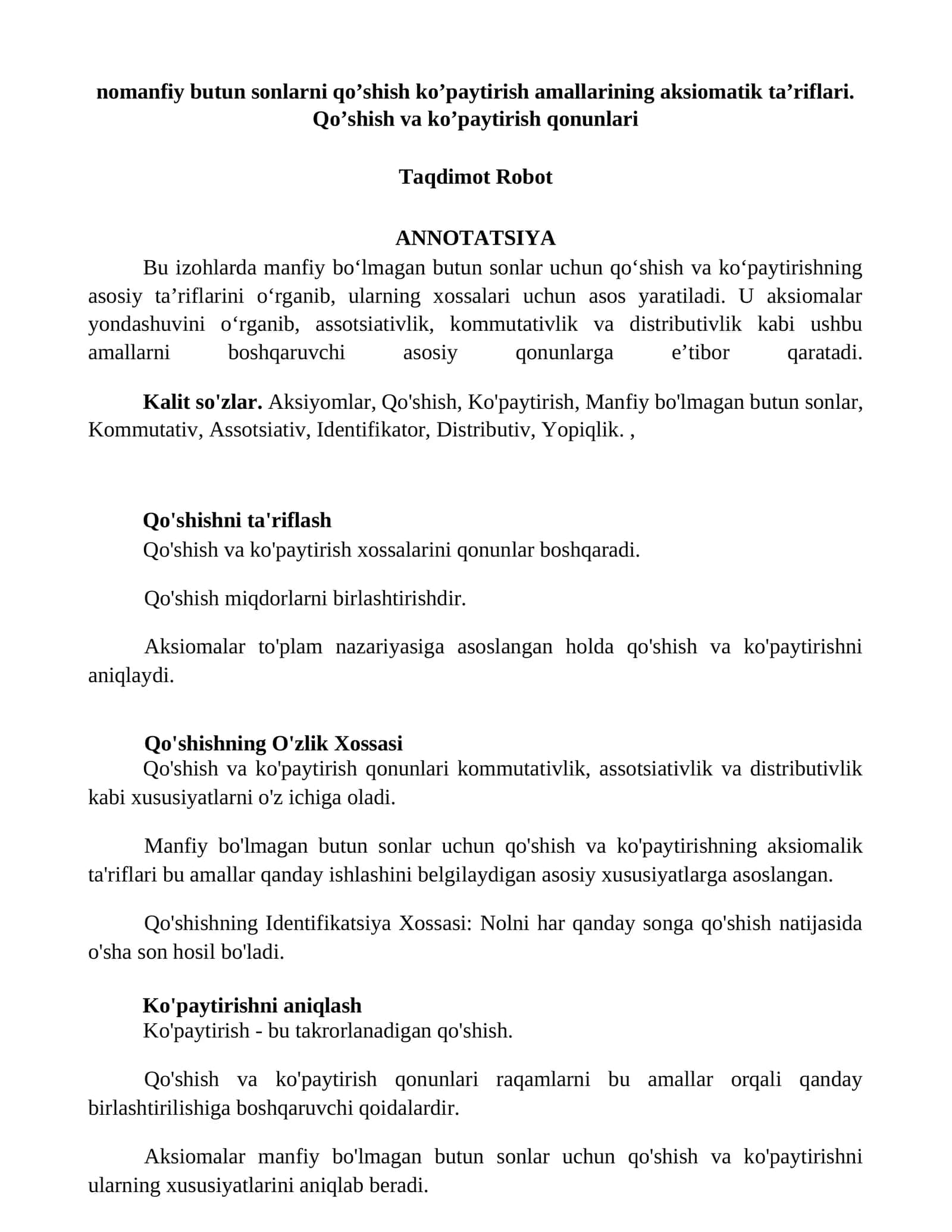 Qo'shish va Ko'paytirishning Aksiomatik Ta'riflari