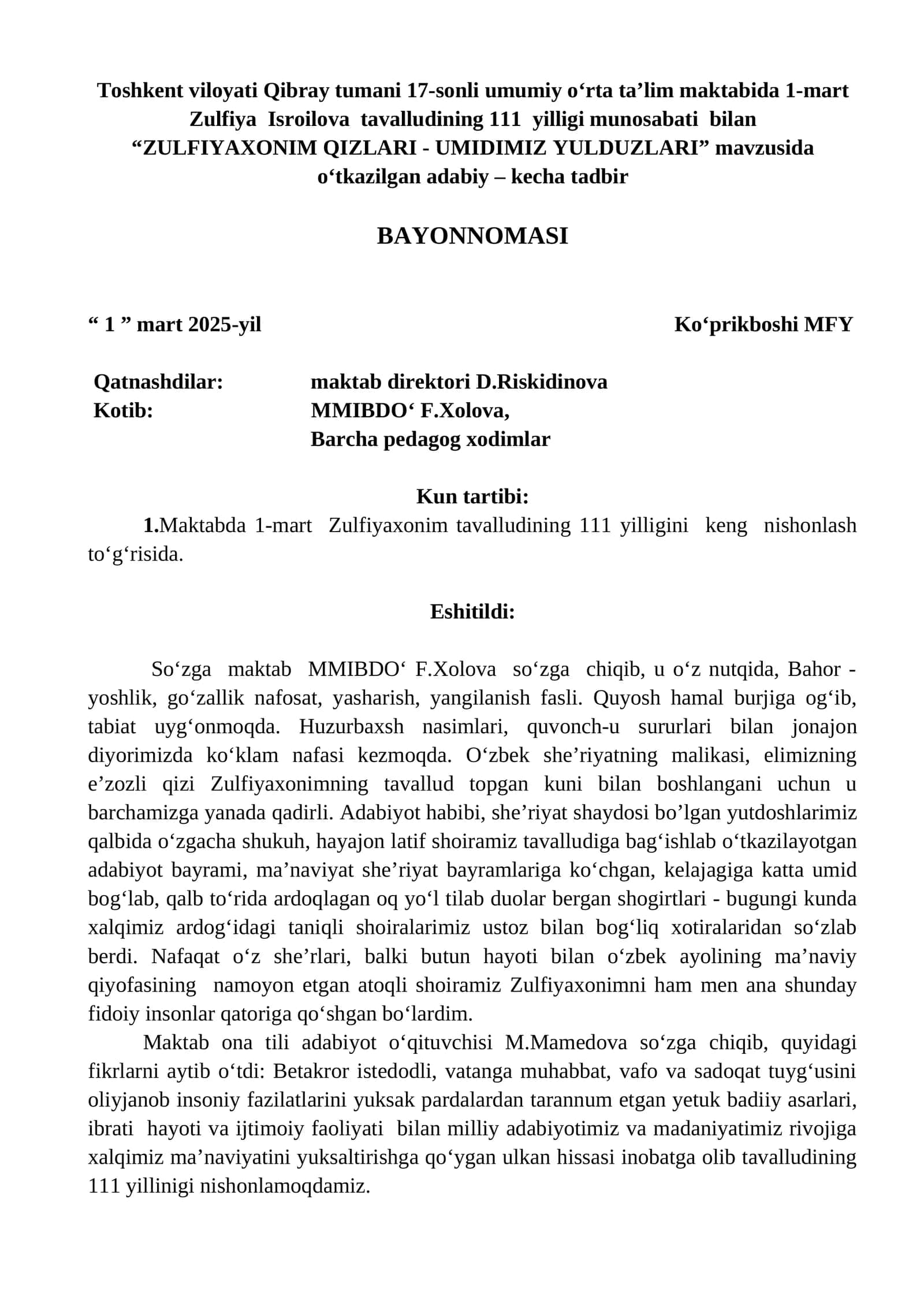 ZULFIYAXONIM QIZLARI - UMIDIMIZ YULDUZLARI