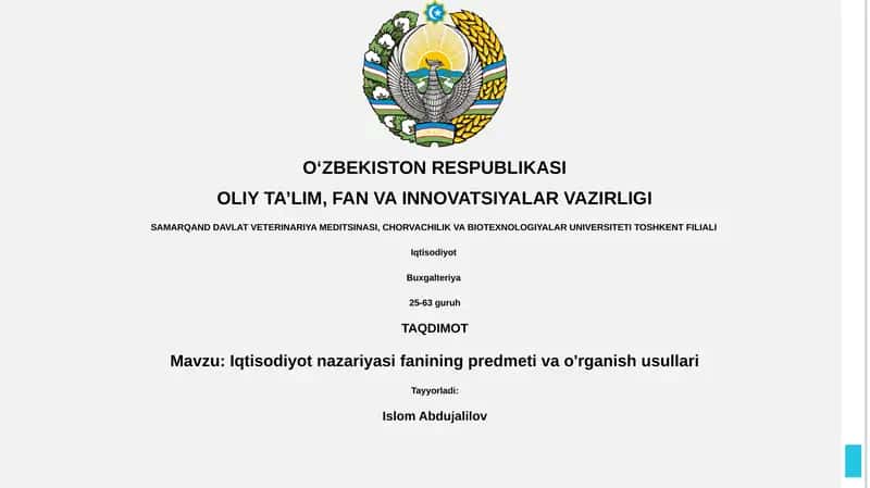 Iqtisodiyot nazariyasi fanining predmeti va o'rganish usullari