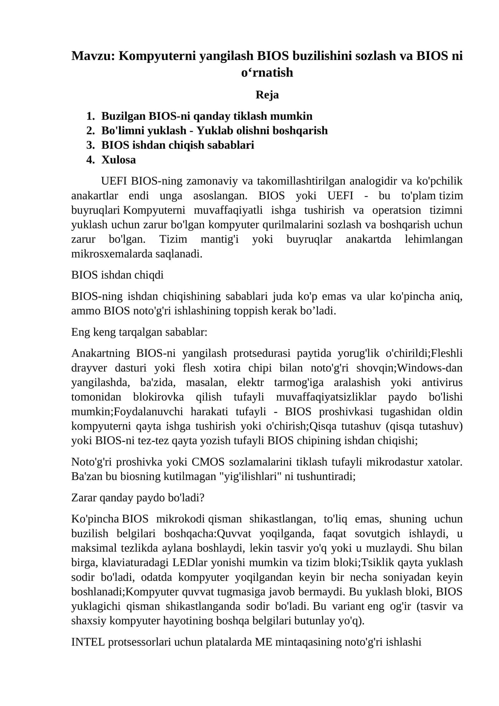 Kompyuterni yangilash BIOS buzilishini sozlash va BIOS ni o‘rnatish