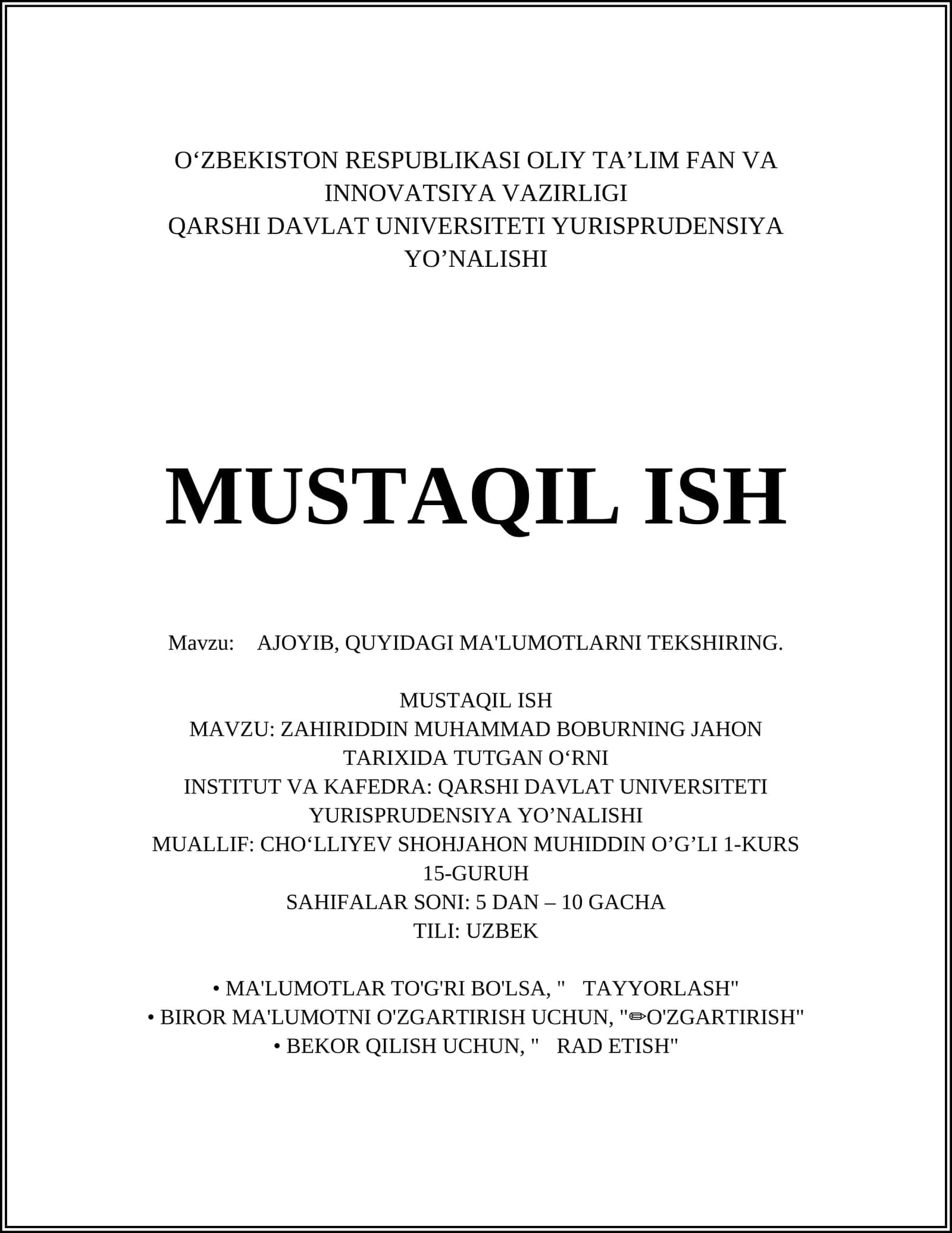 MAVZU: ZAHIRIDDIN MUHAMMAD BOBURNING JAHON TARIXIDA TUTGAN OʻRNI