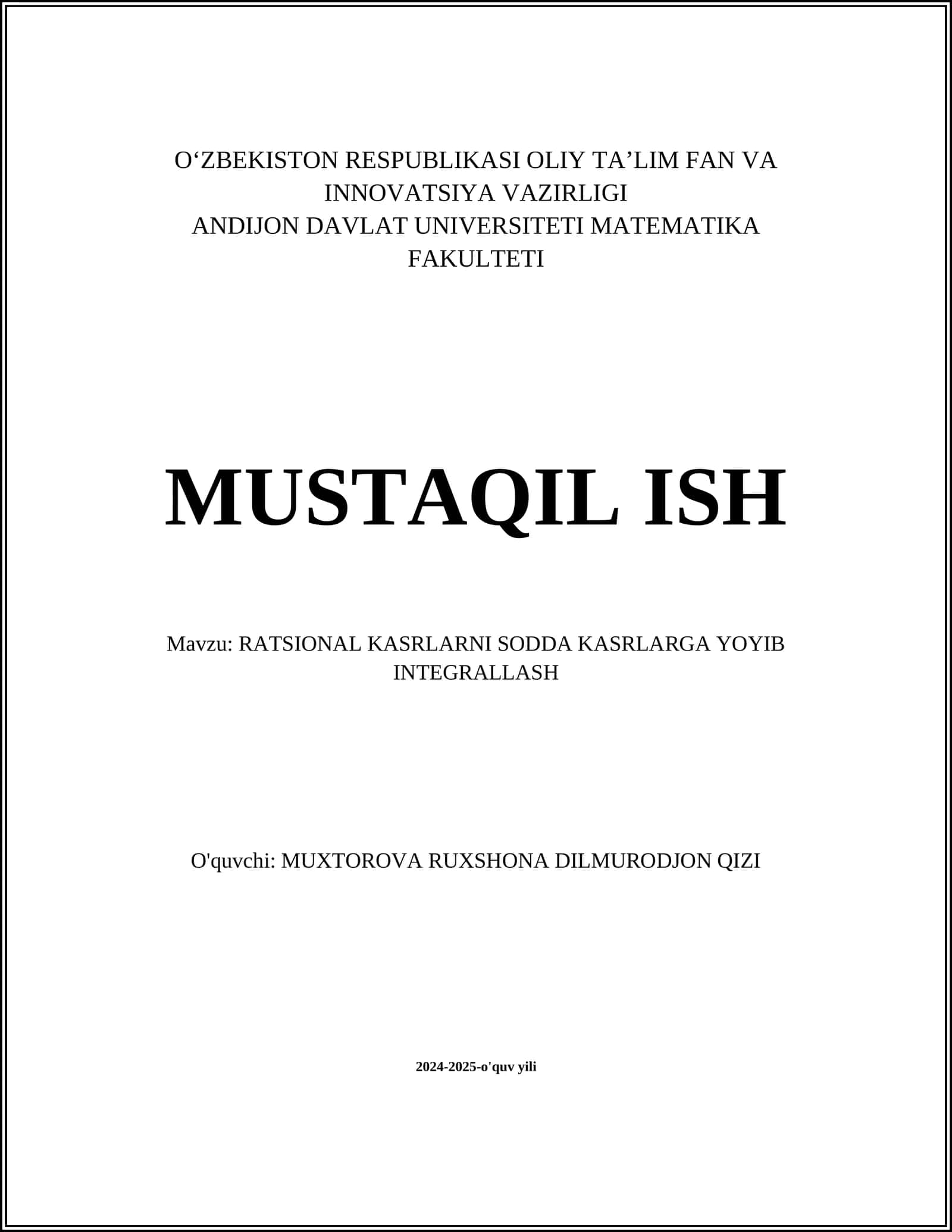 RATSIONAL KASRLARNI SODDA KASRLARGA YOYIB INTEGRALLASH