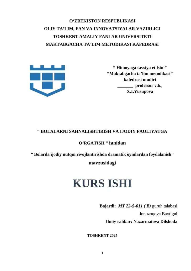 Bolarda ijodiy nutqni rivojlantirishda dramatik òyinlardan foydalanish