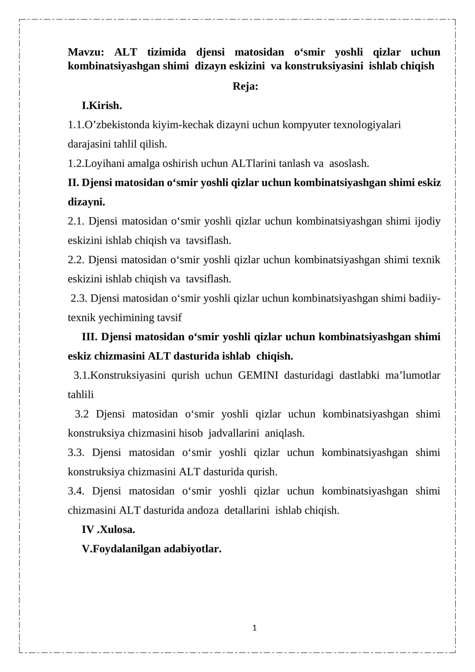 ALT tizimida djensi matosidan o‘smir yoshli qizlar uchun kombinatsiyashgan shimi dizayn eskizini va konstruksiyasini ishlab chiqish