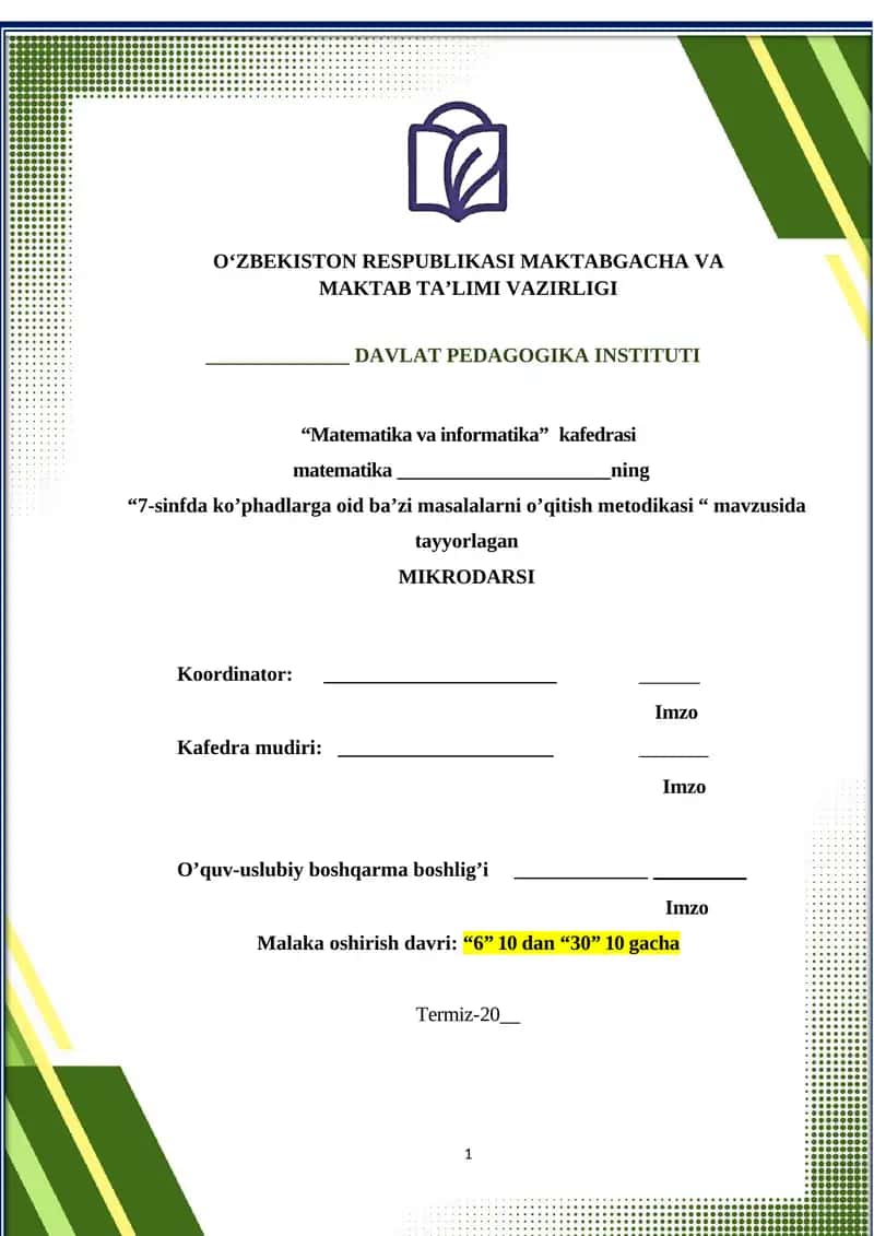 7-sinfda ko’phadlarga oid ba’zi masalalarni o’qitish metodikasi MIKRODARSI