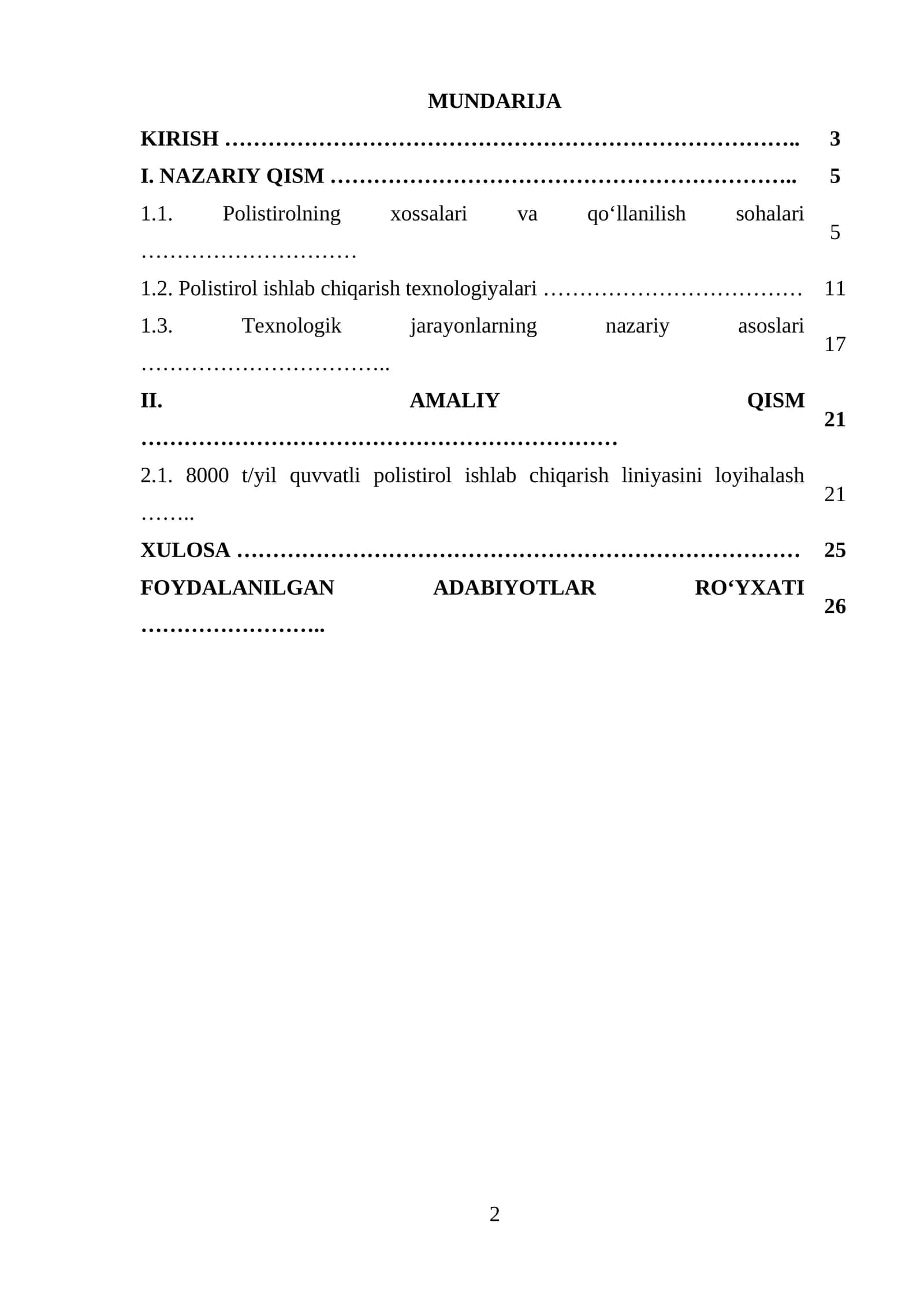 Quvvati Q=8000 t/yil boʻlgan polistirol ishlab chiqaradigan texnologik liniyasini loyihalash