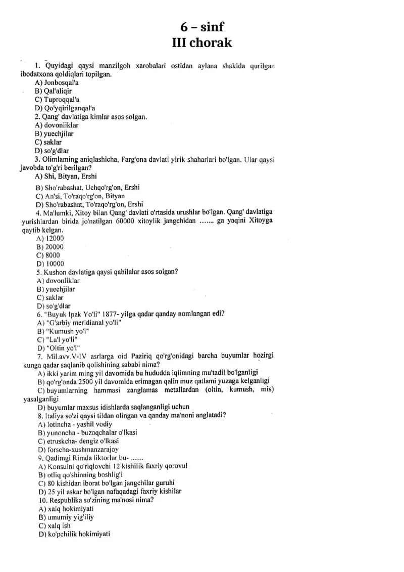 6 – sinf III chorak Test javoblari