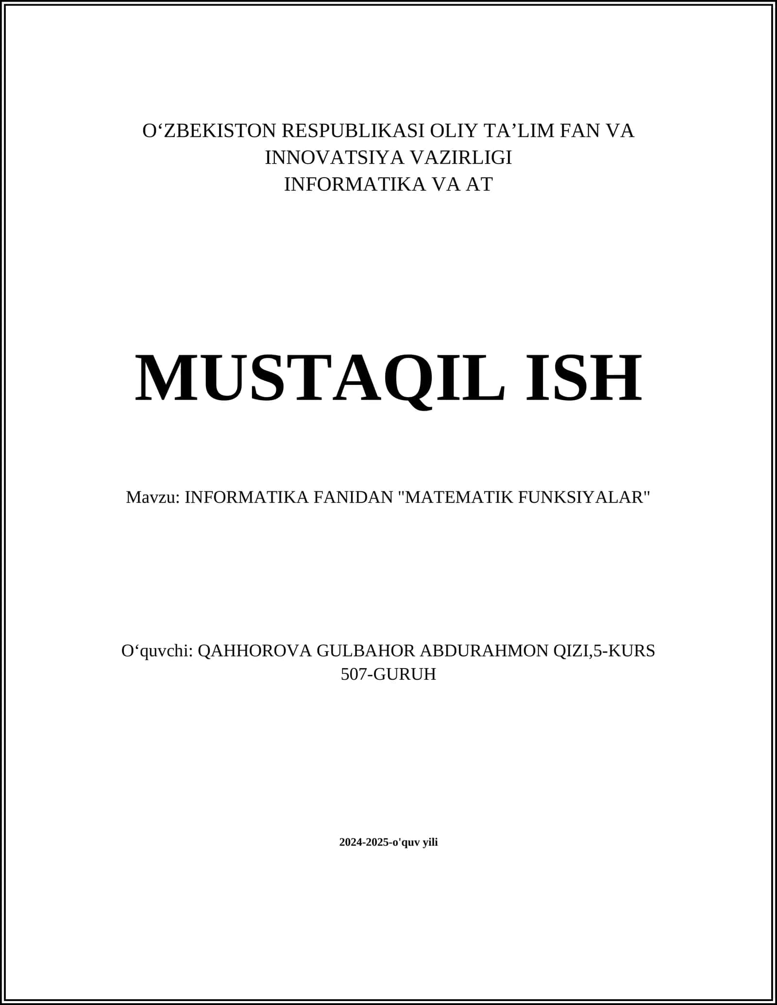 INFORMATIKA FANIDAN "MATEMATIK FUNKSIYALAR"