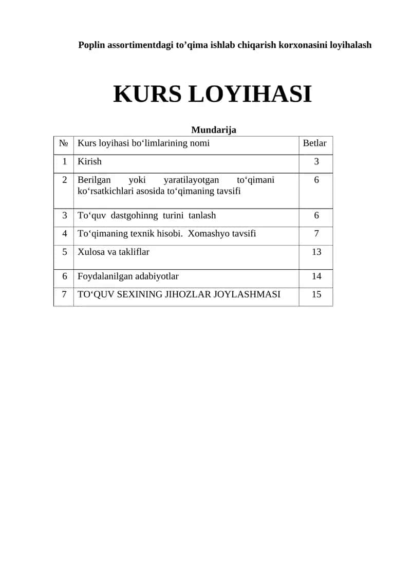 Poplin assortimentdagi to’qima ishlab chiqarish korxonasini loyihalash KURS LOYIHASI