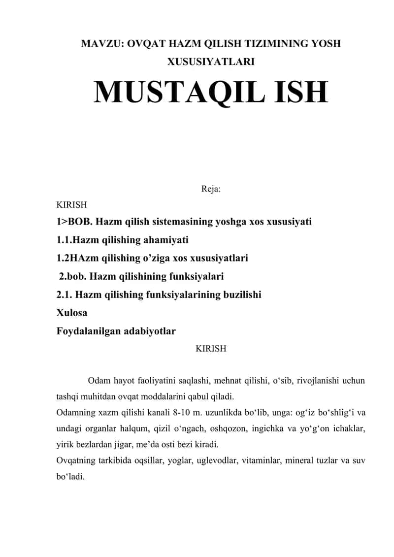 OVQAT HAZM QILISH TIZIMINING YOSH