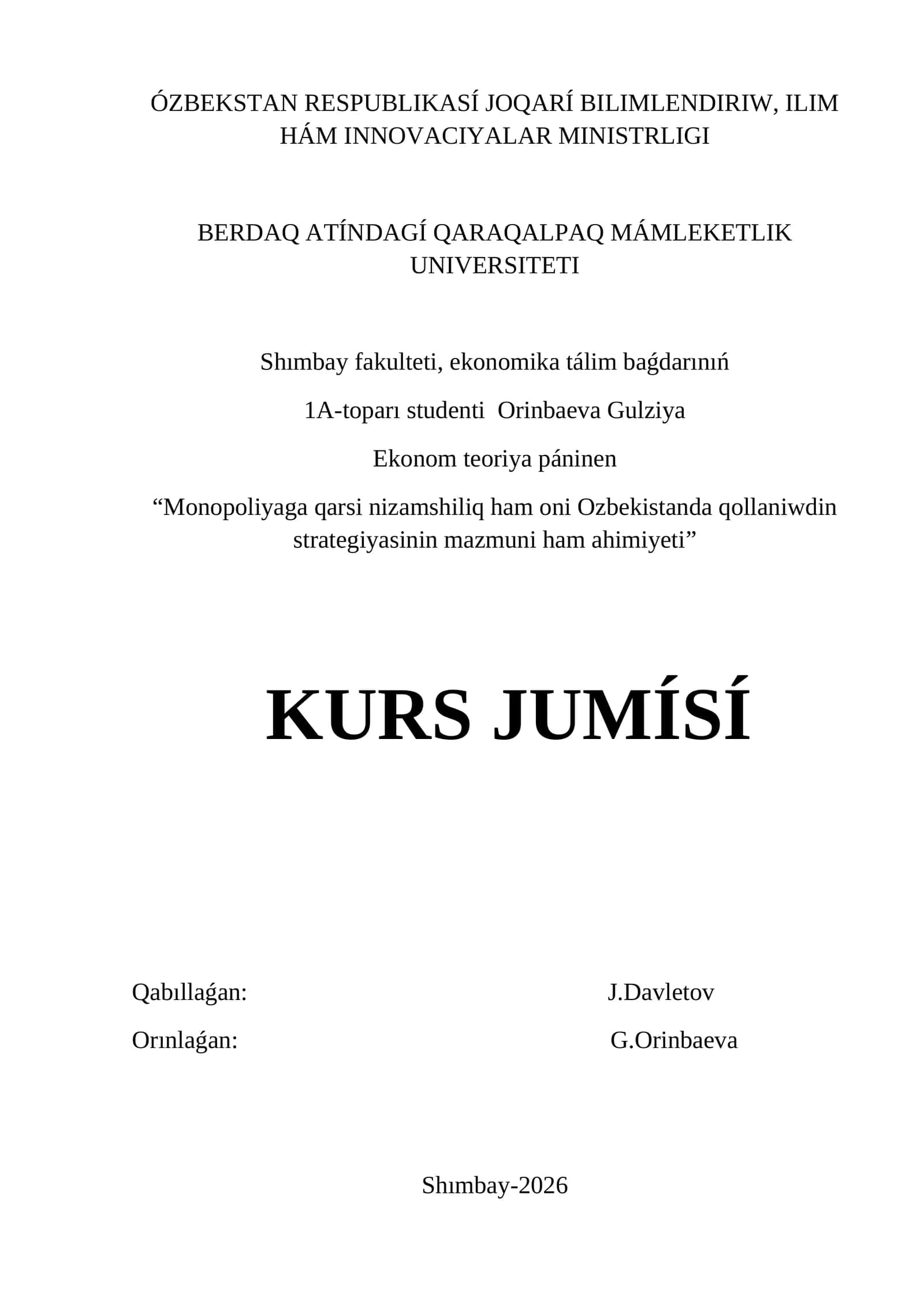 Monopoliyaga qarsi nizamshiliq ham oni Ozbekistanda qollaniwdin strategiyasinin mazmuni ham ahimiyeti
