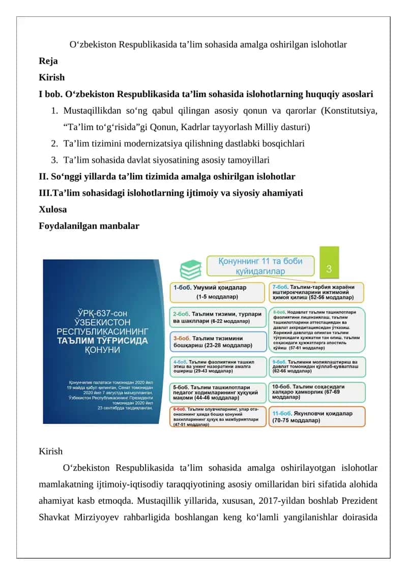 O‘zbekiston Respublikasida ta’lim sohasida amalga oshirilgan islohotlar
