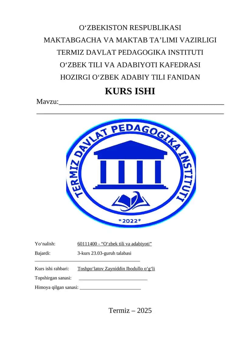 Kurs ishi "O‘zbek tili va adabiyoti"