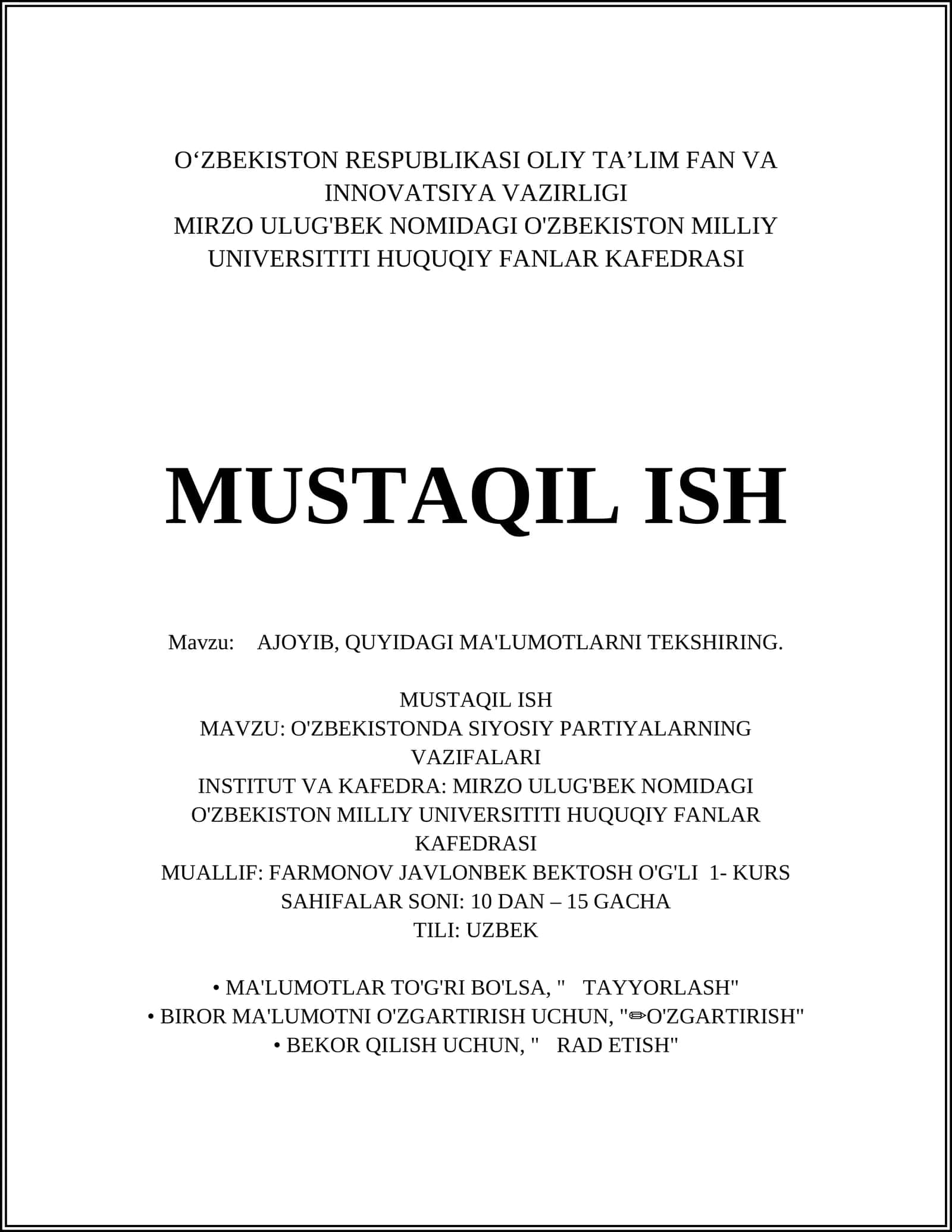 O'ZBEKISTONDA SIYOSIY PARTIYALARNING VAZIFALARI