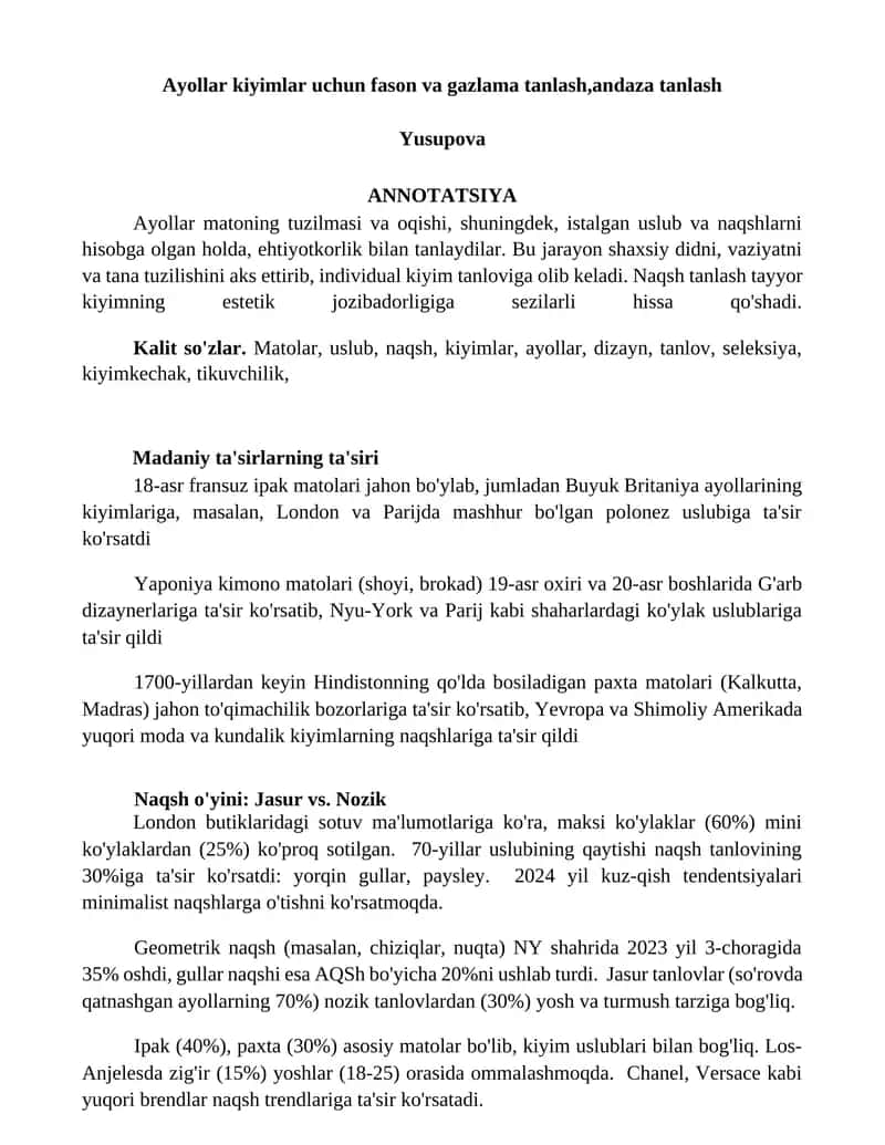 Ayollar kiyimlar uchun fason va gazlama tanlash