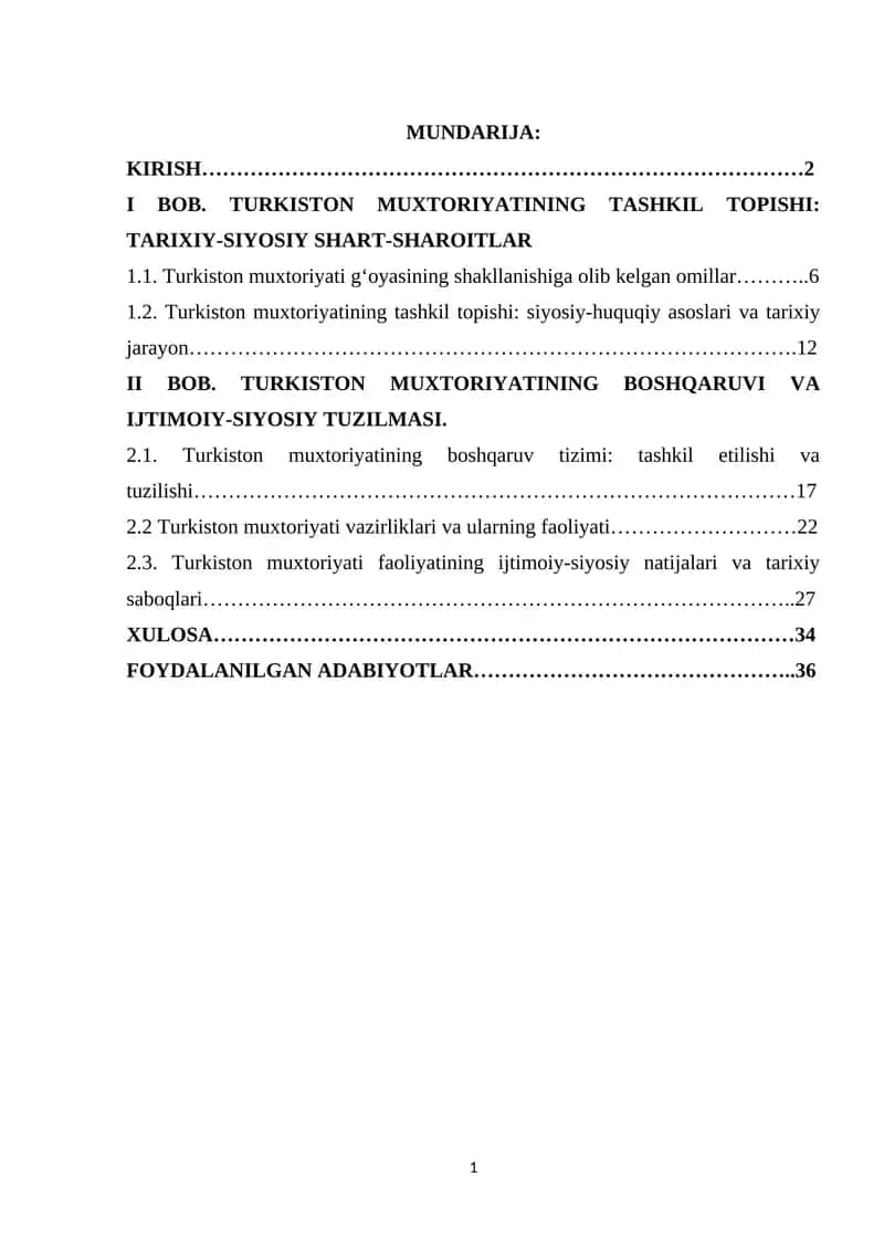 Oʻzbek davlatchilik tarixida Turkiston muxtoriyatining oʻrni va roli