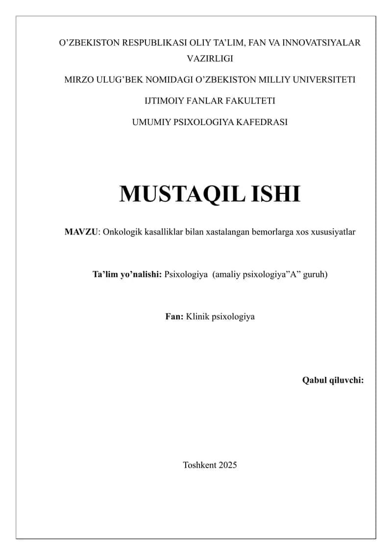 Onkologik kasalliklar bilan xastalangan bemorlarga xos xususiyatlar