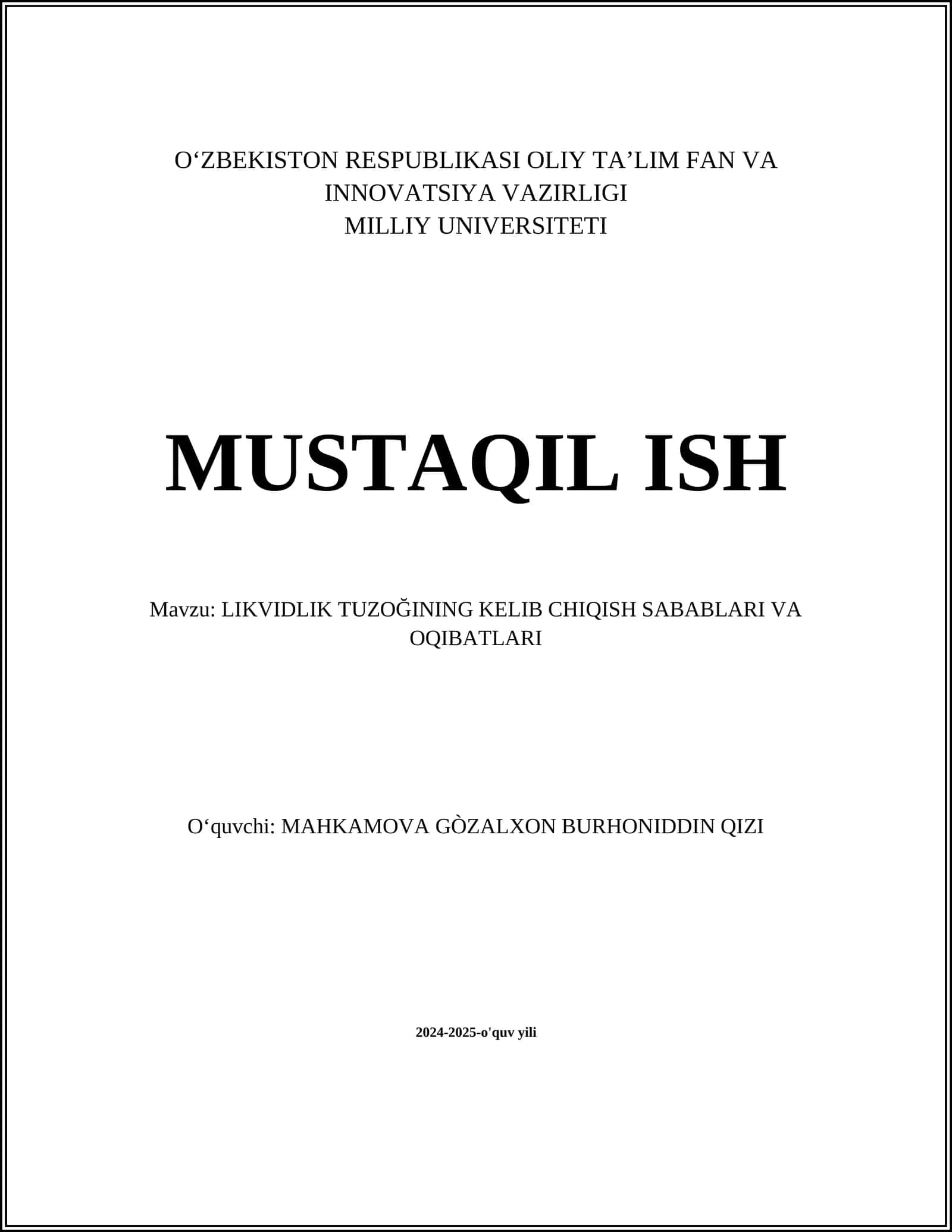 LIKVIDLIK TUZOĞINING KELIB CHIQISH SABABLARI VA OQIBATLARI