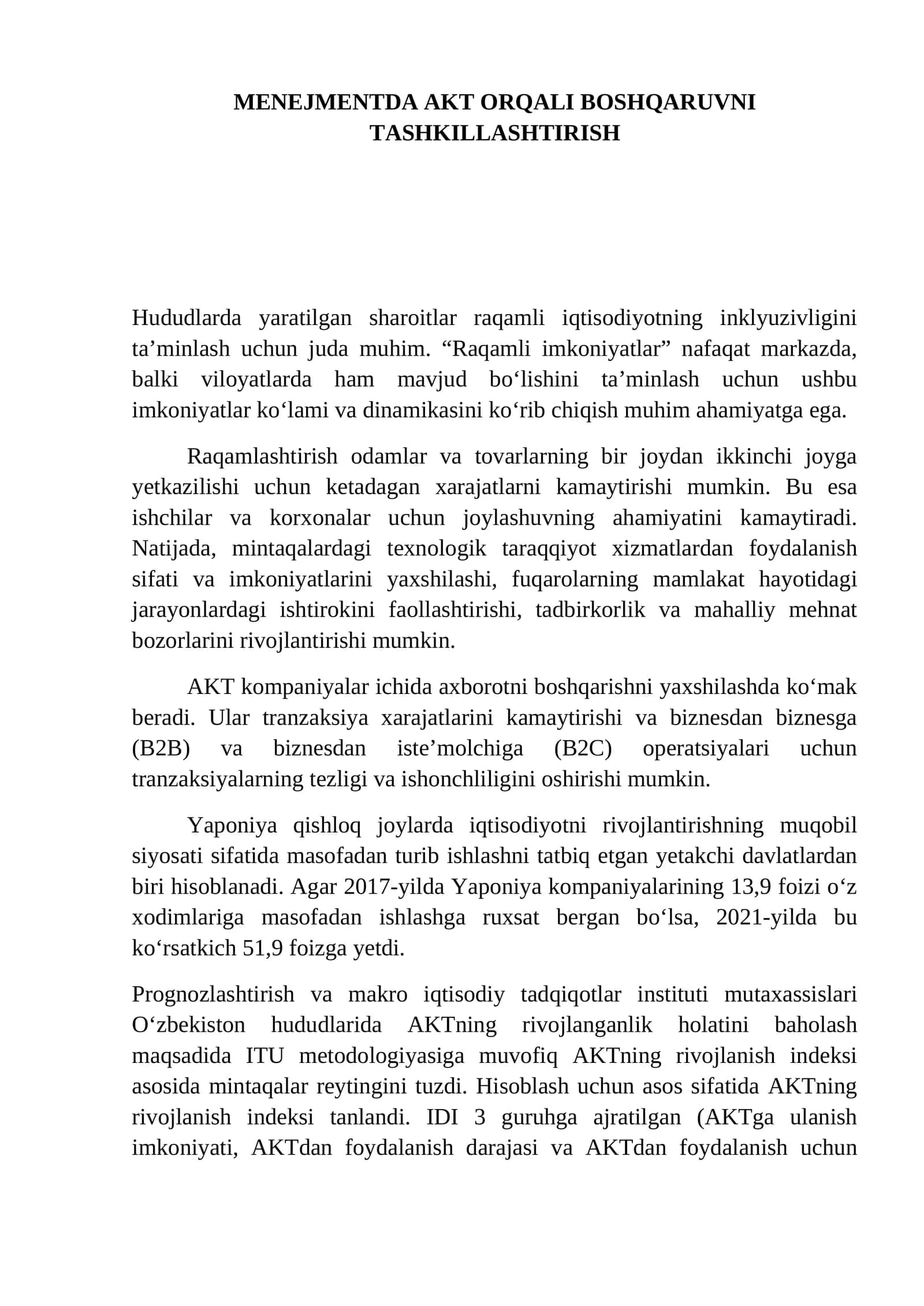 MENEJMENTDA AKT ORQALI BOSHQARUVNI TASHKILLASHTIRISH