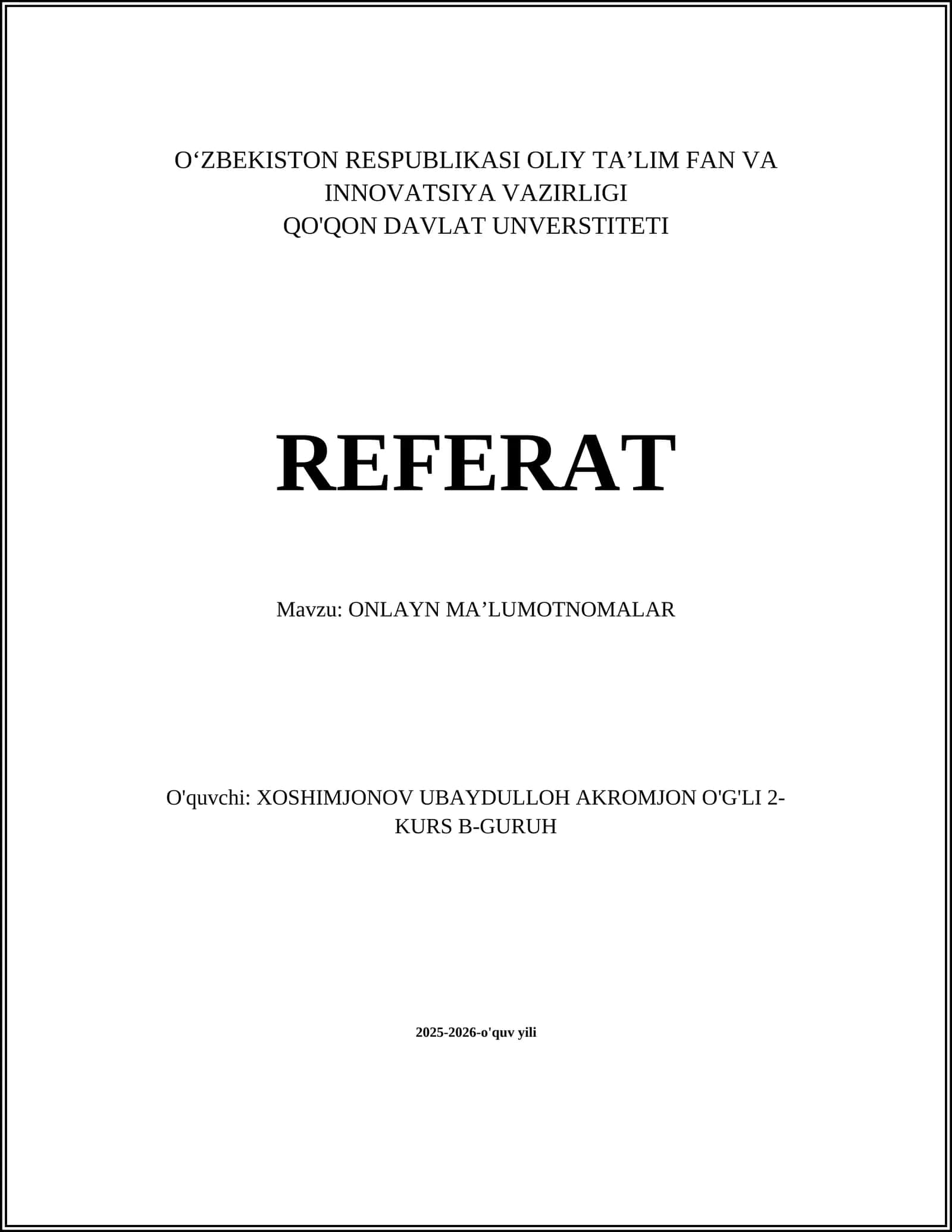 ONLAYN MA’LUMOTNOMALAR