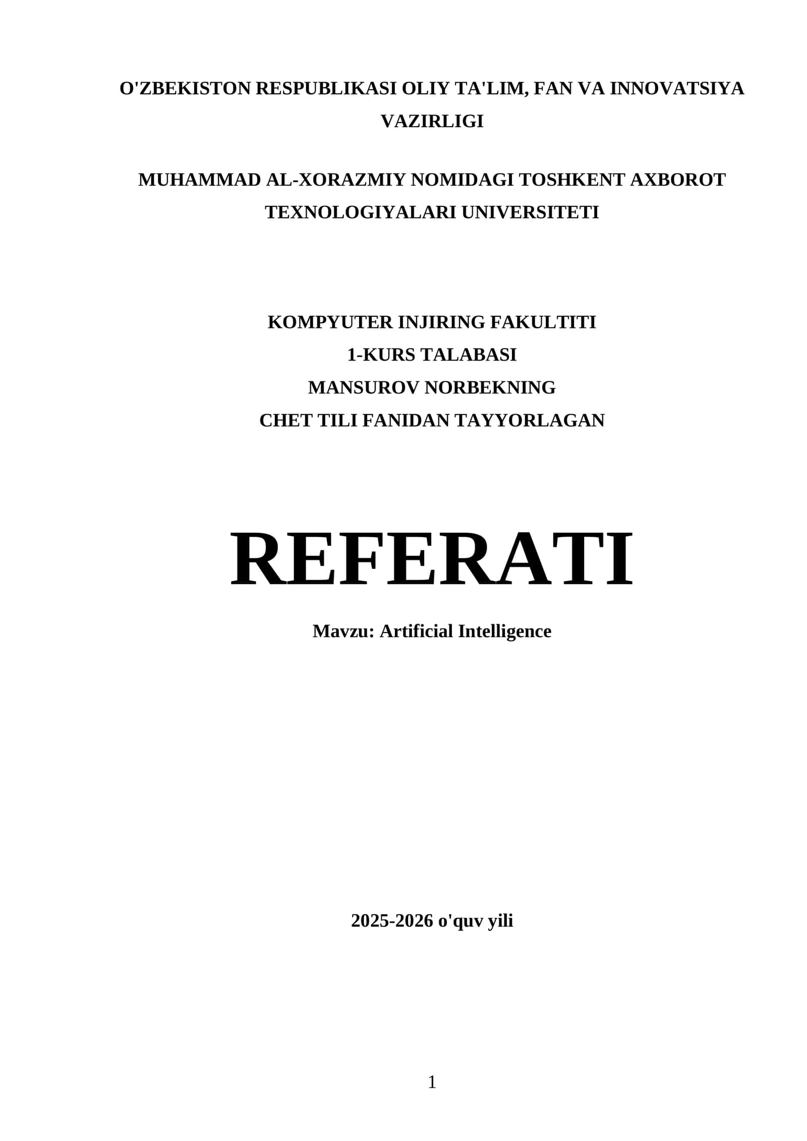MANSUROV NORBEKNING CHET TILI FANIDAN TAYYORLAGAN REFERATI