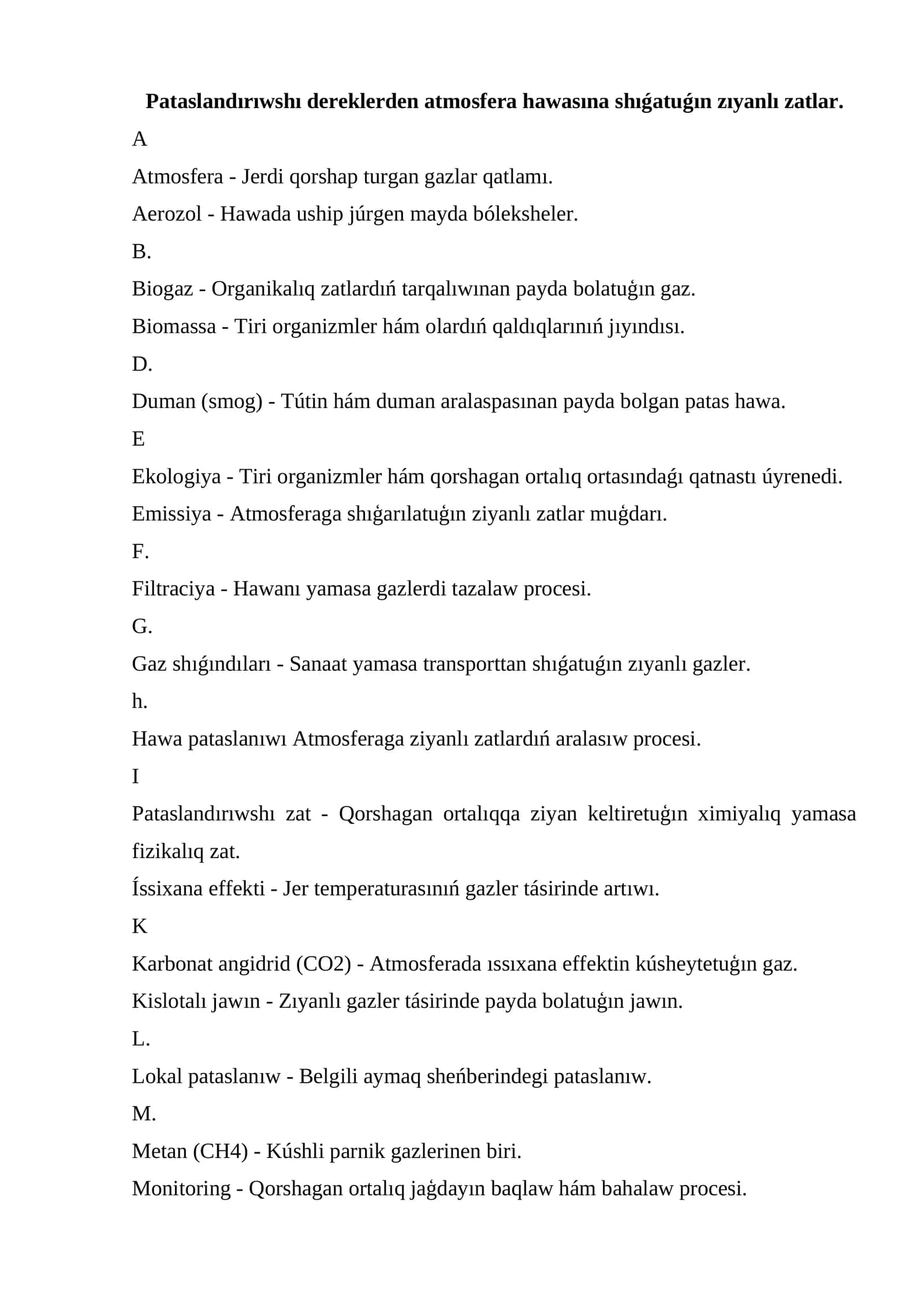 Pataslandırıwshı dereklerden atmosfera hawasına shıǵatuǵın zıyanlı zatlar