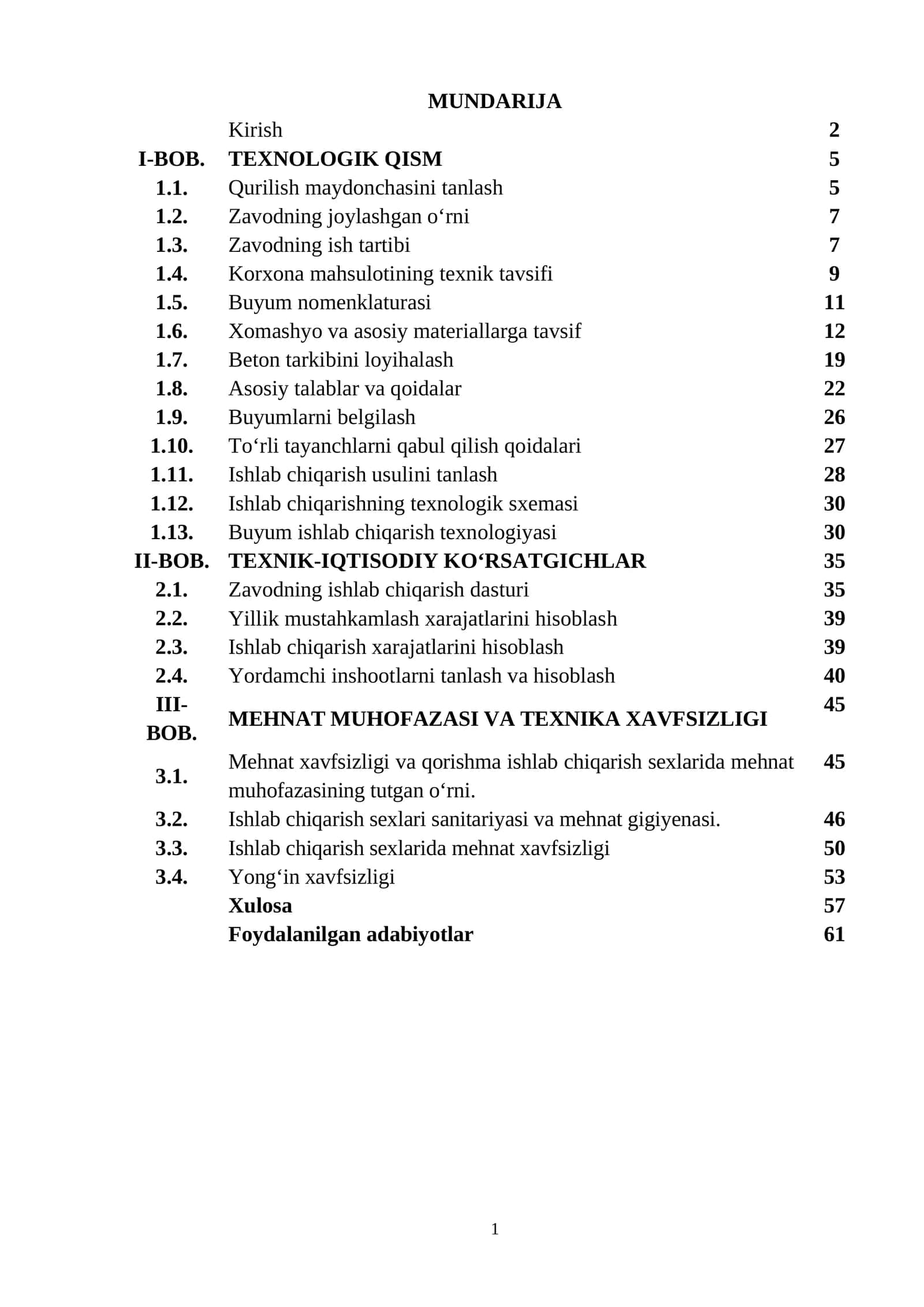 Mahsuldorligi 36500m3/yil bo’lgan ikki nishabli temir-beton to’sinlar ishlab chiqarish korxonasini loyihalash