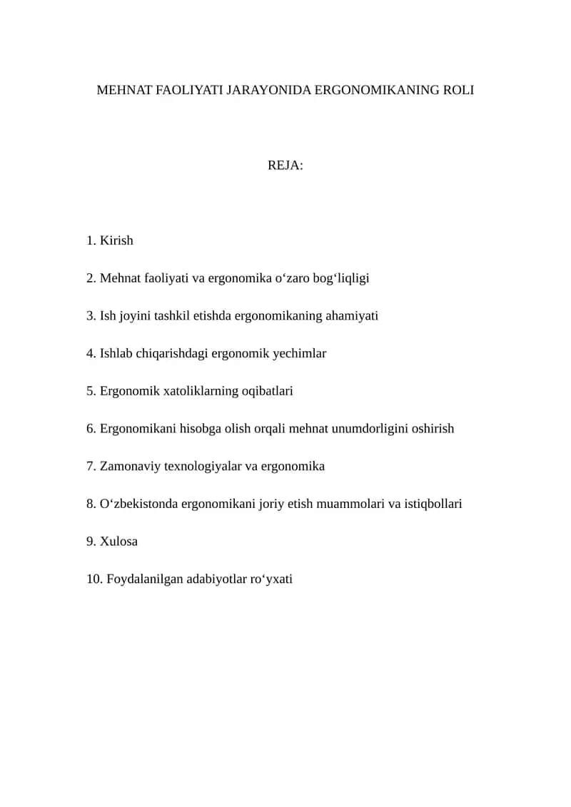 MEHNAT FAOLIYATI JARAYONIDA ERGONOMIKANING ROLI