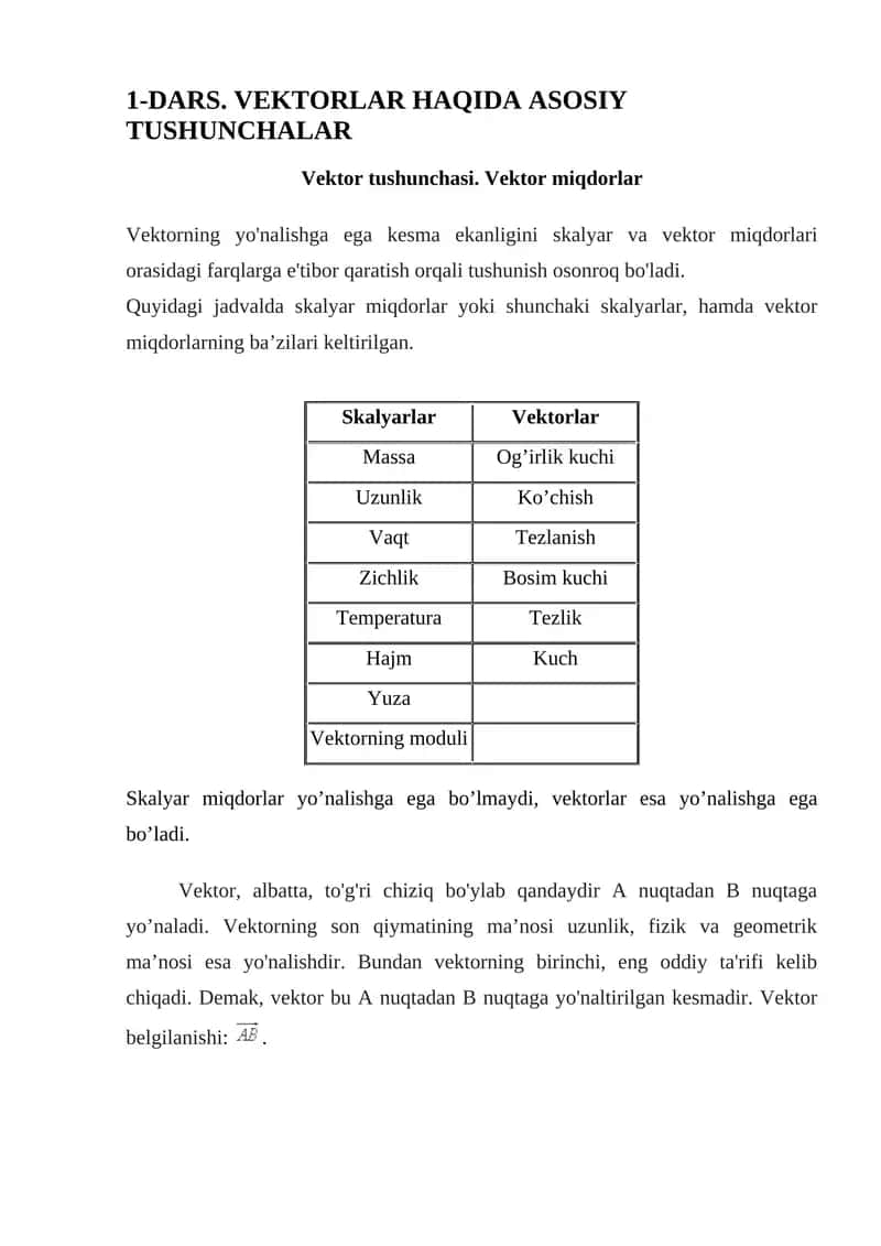 VEKTORLAR HAQIDA ASOSIY TUSHUNCHALAR