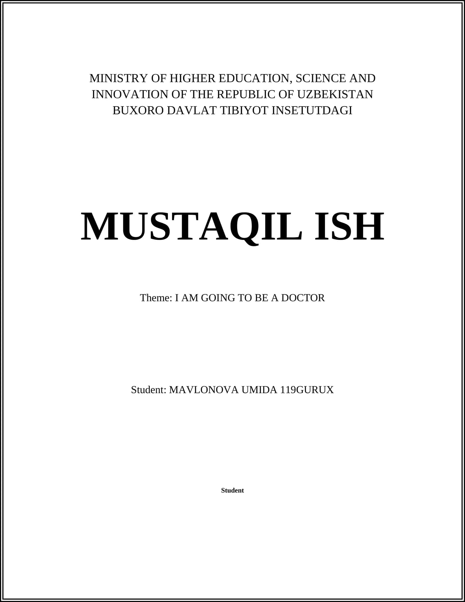 BUXORO DAVLAT TIBIYOT INSETUTDAGI - MUSTAQIL ISH