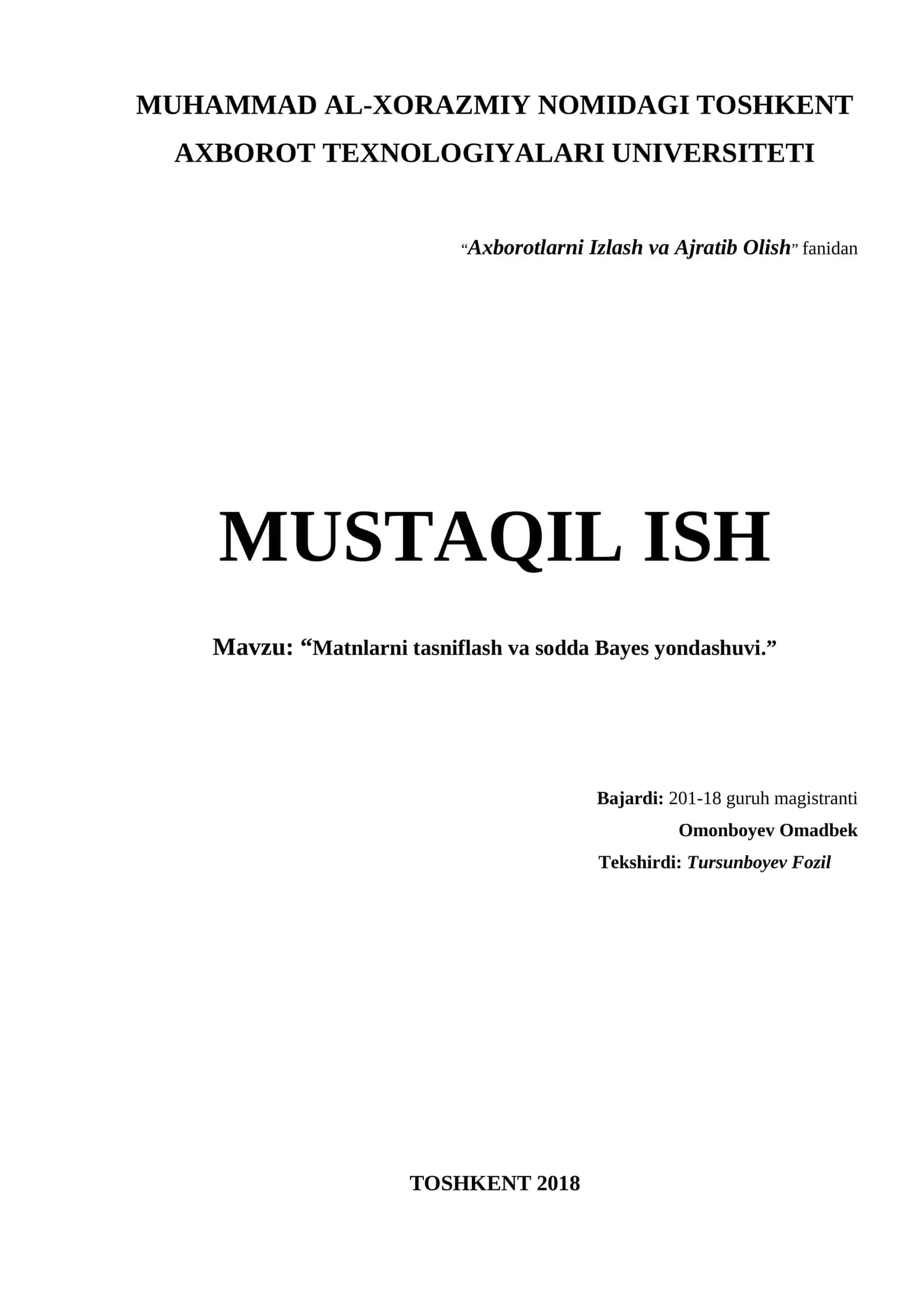 Matnlarni tasniflash va sodda Bayes yondashuvi