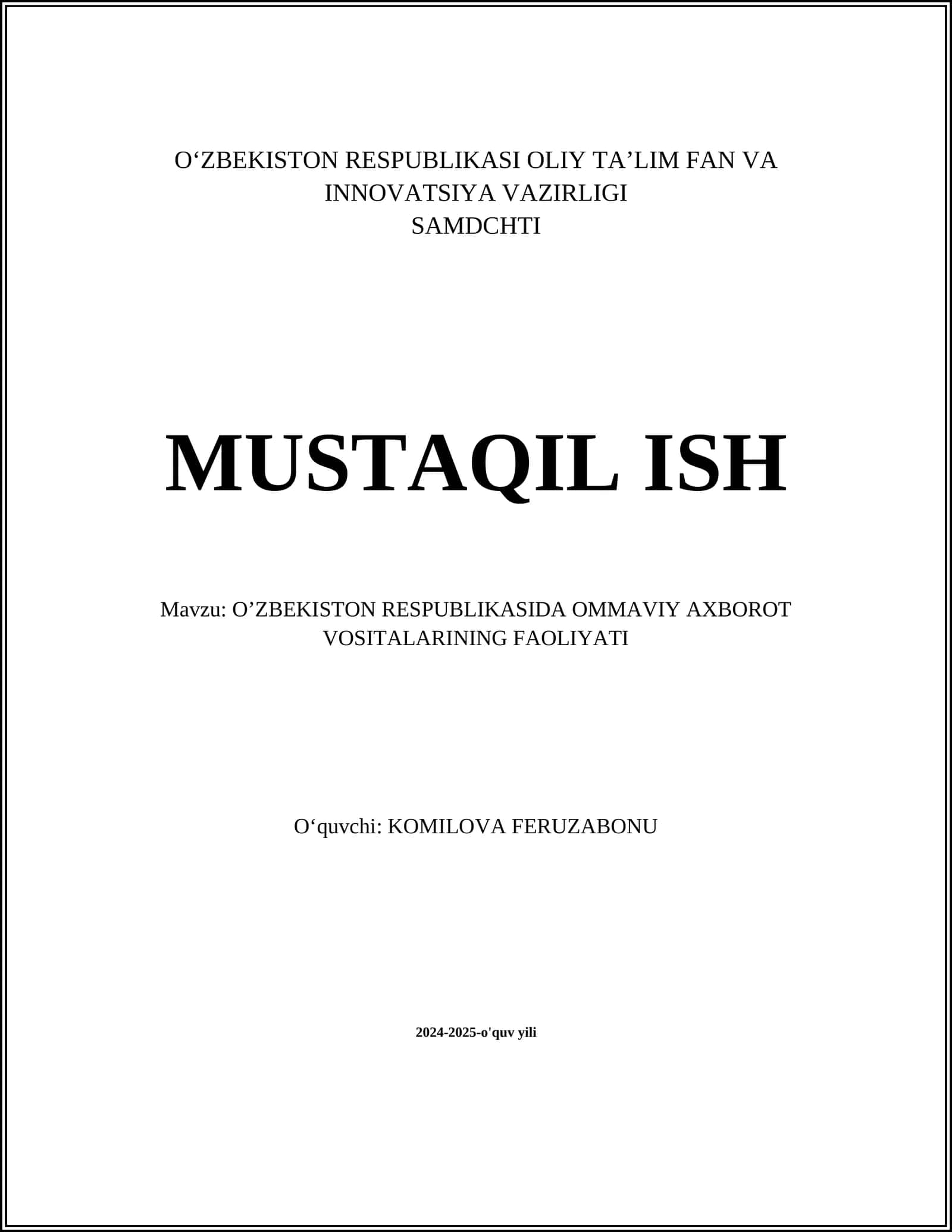 O‘ZBEKISTON RESPUBLIKASIDA OMMAVIY AXBOROT VOSITALARINING FAOLIYATI