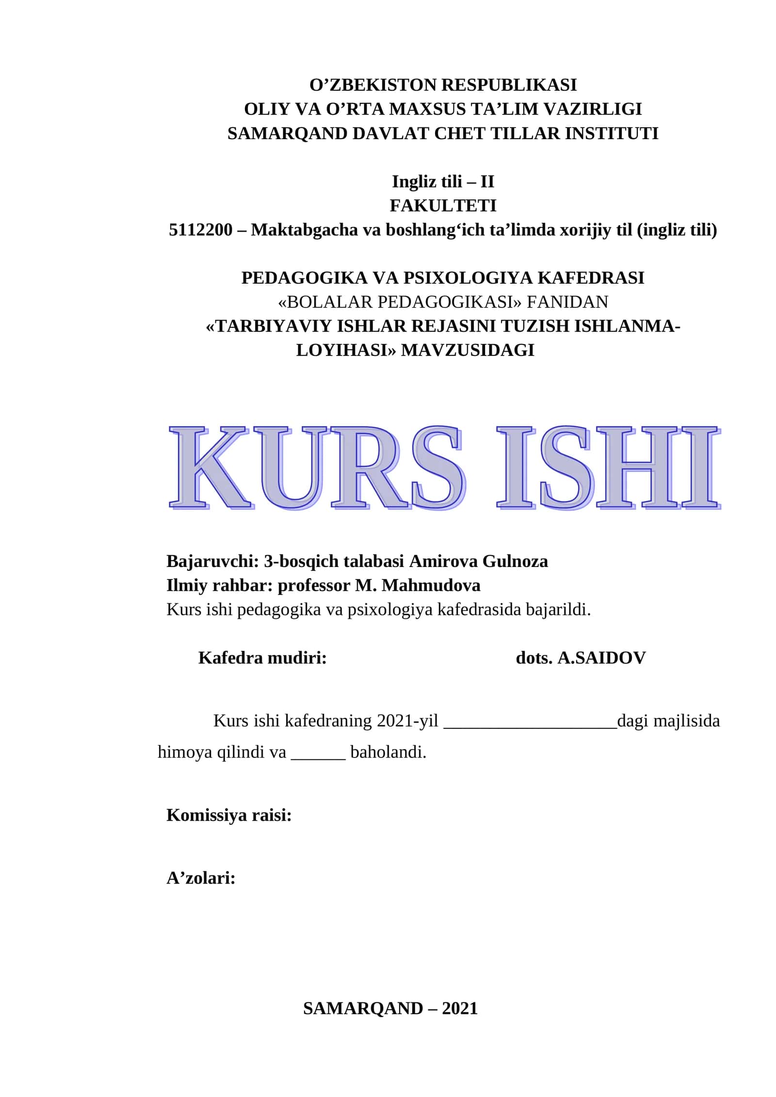 TARBIYAVIY ISHLAR REJASINI TUZISH ISHLANMA-LOYIHASI