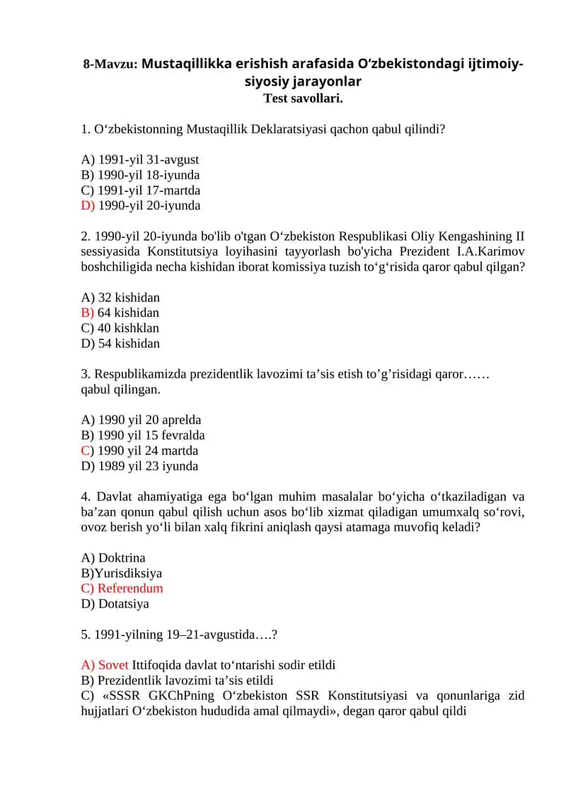Mustaqillikka erishish arafasida O‘zbekistondagi ijtimoiy-siyosiy jarayonlar Test savollari
