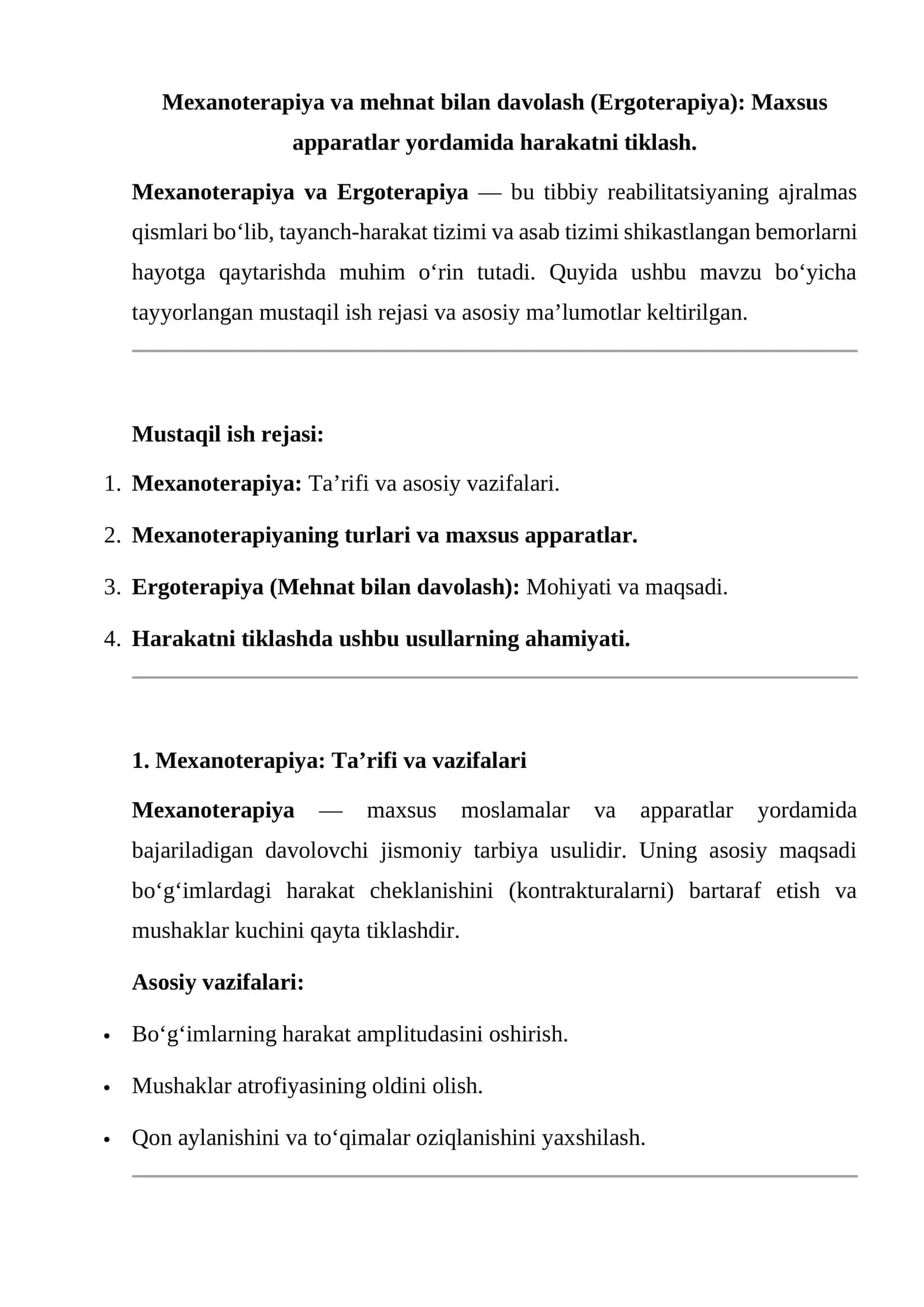 Mexanoterapiya va mehnat bilan davolash (Ergoterapiya)