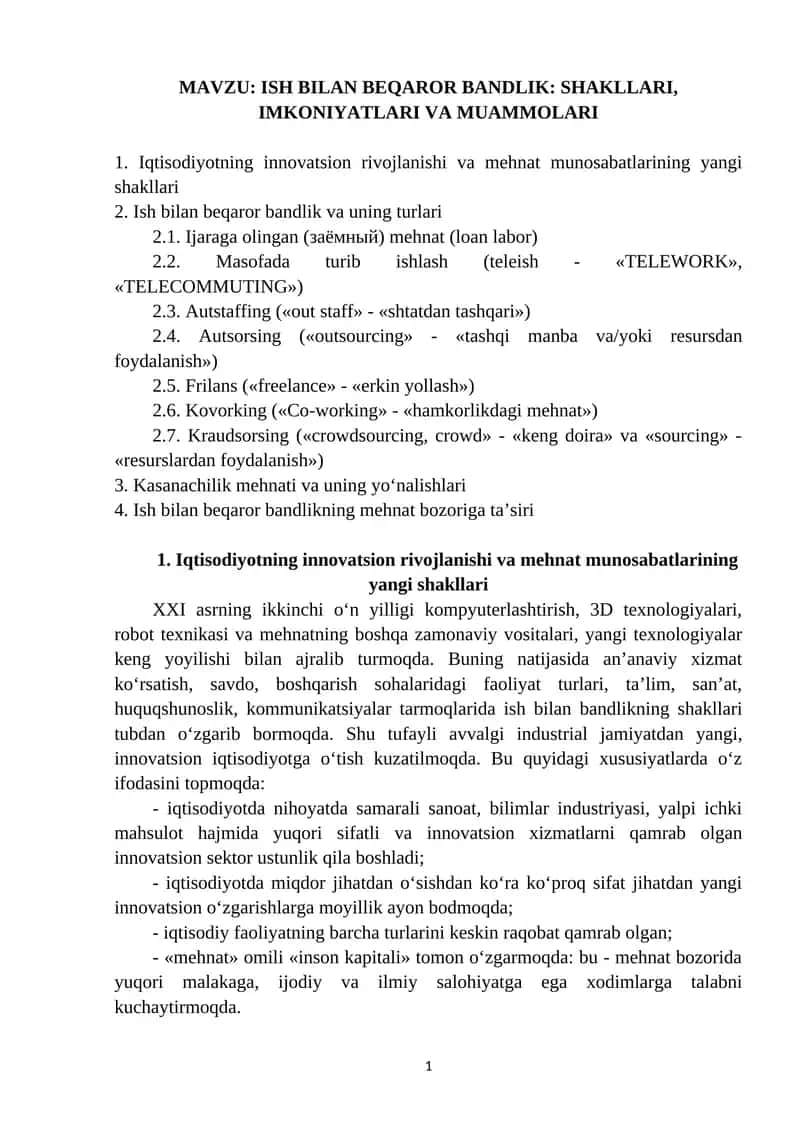 ISH BILAN BEQAROR BANDLIK: SHAKLLARI, IMKONIYATLARI VA MUAMMOLARI