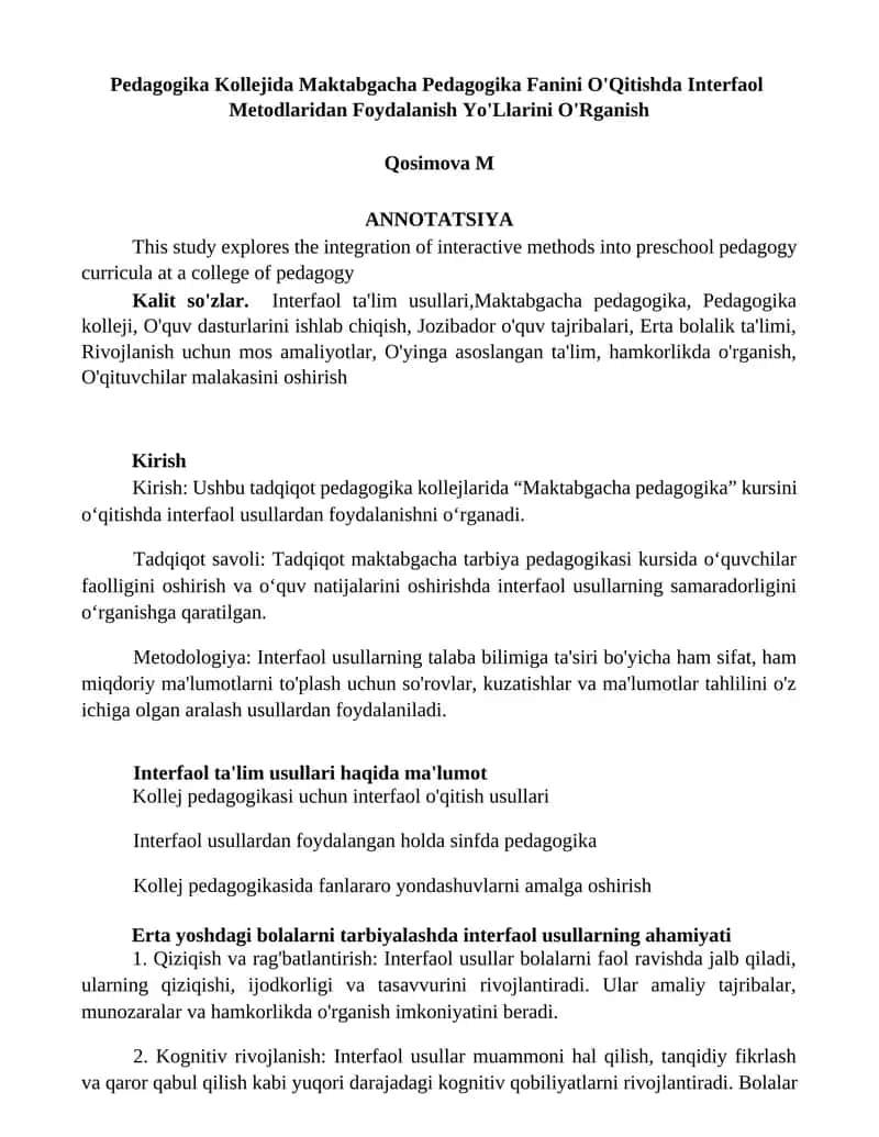 Pedagogika Kollejida Maktabgacha Pedagogika Fanini O'Qitishda Interfaol Metodlaridan Foydalanish Yo'Llarini O'Rganish